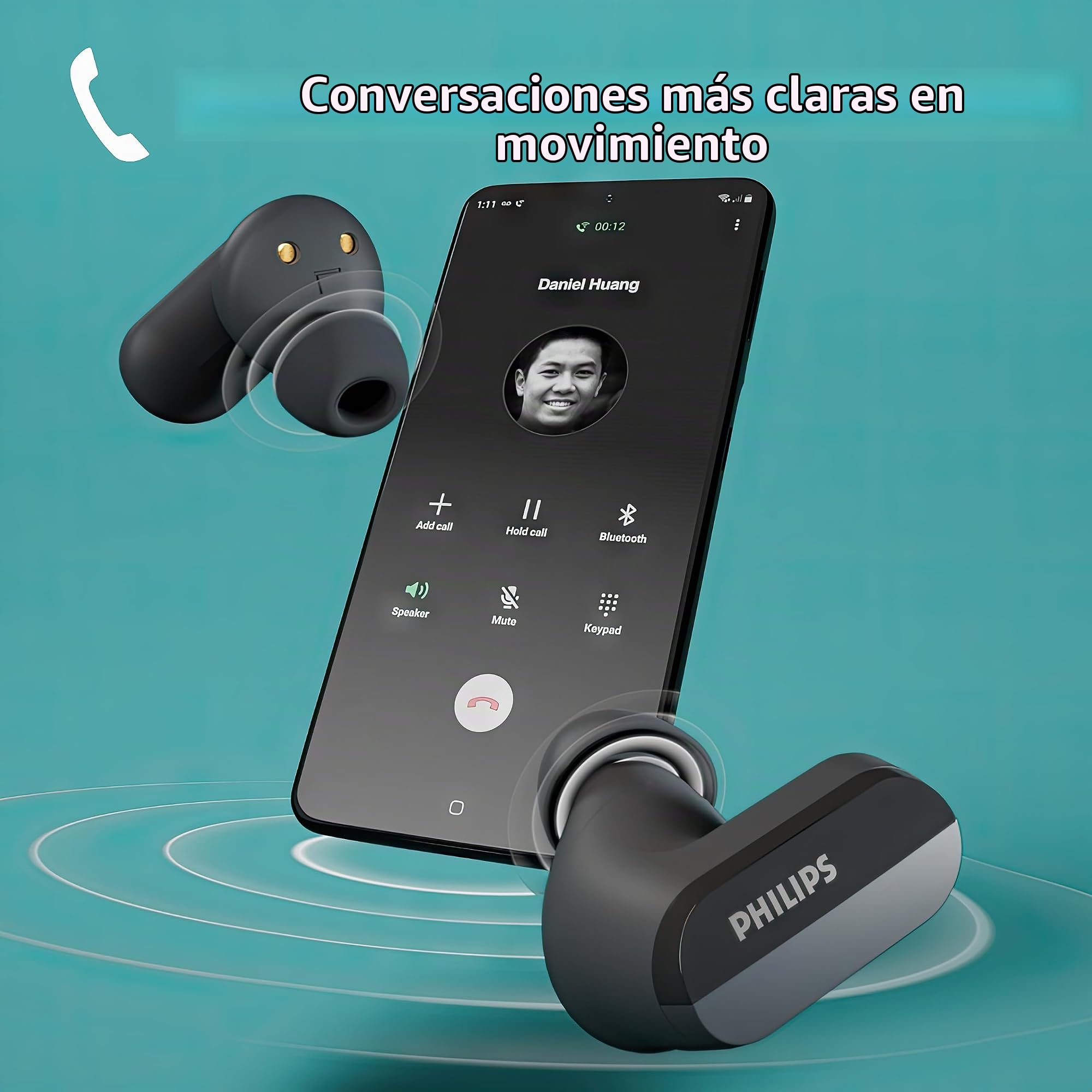 Philips TAT3508BK/00 Auriculares True Wireless Bluetooth con cancelación De Ruido y micrófono | Auriculares de Silicona con Sonido Natural | hasta 21 Horas De Reproducción | Cable USB-C | Negro