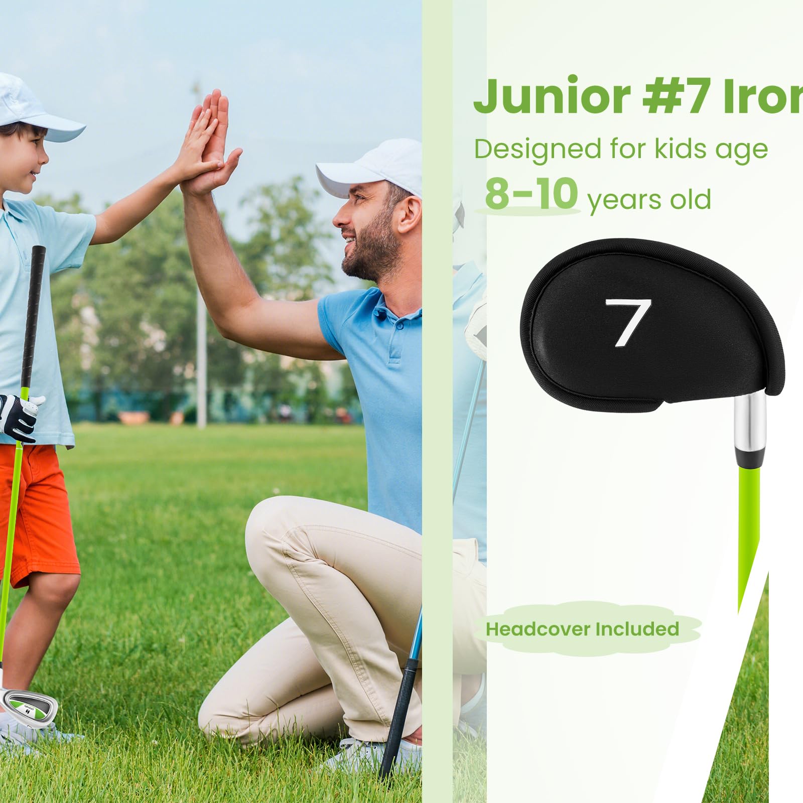 LIFEZEAL Golf Club per Bambini Ferro #7, Golf Club Singola per Ragazzi e Ragazze, con Grande Dolce Spot, Manico in Fibra di Vetro per Destro, Copriclub per 8-10 Anni