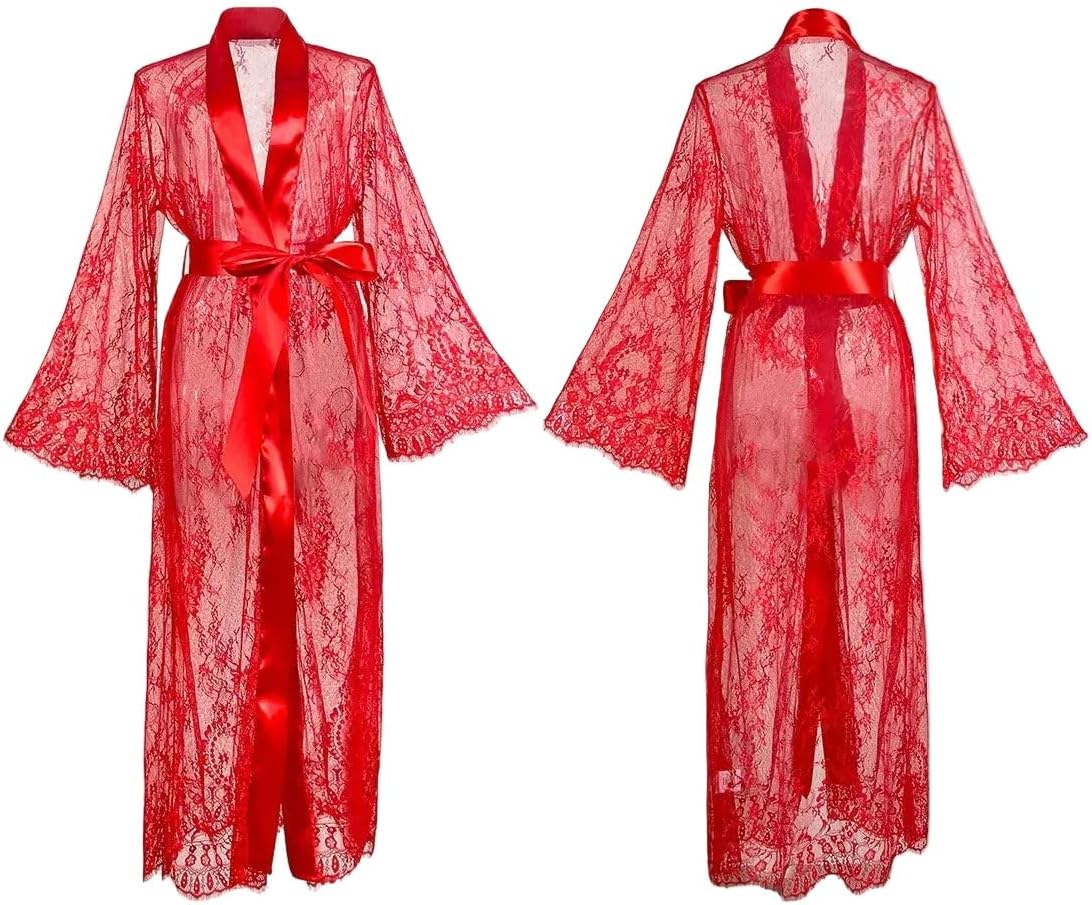 Womens Long Lace Mesh See Through Nightdress Sleepwear Robe Pajamas