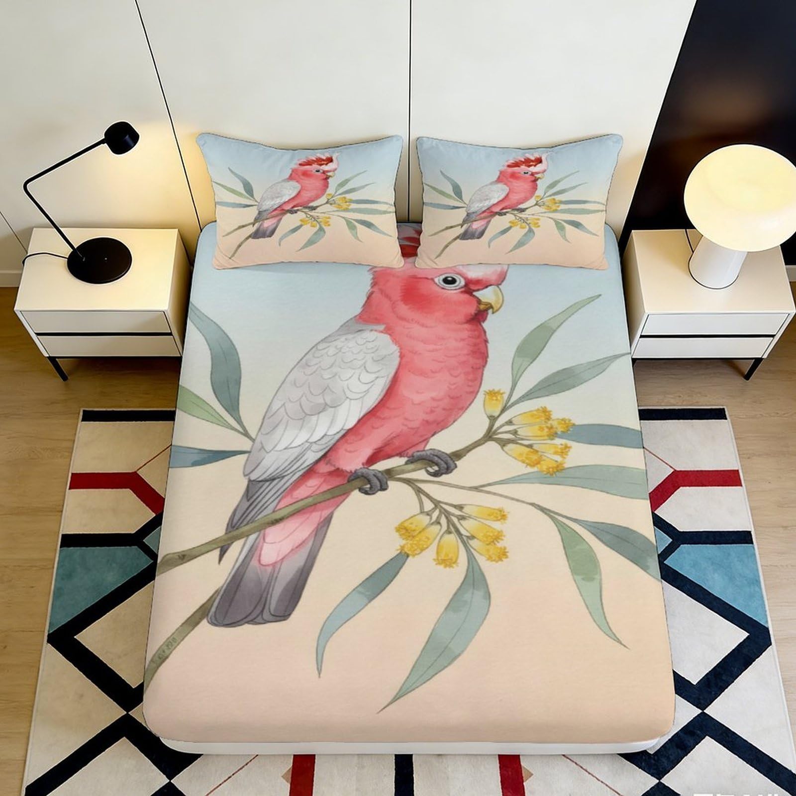 Pnayamiorkfel Style-9 3D Printed Pink Parrot Fitted Sheet Microfiber Soft Decorative Bird Branch Bed Cover For Bedroom Guest Room 90X200x25cm