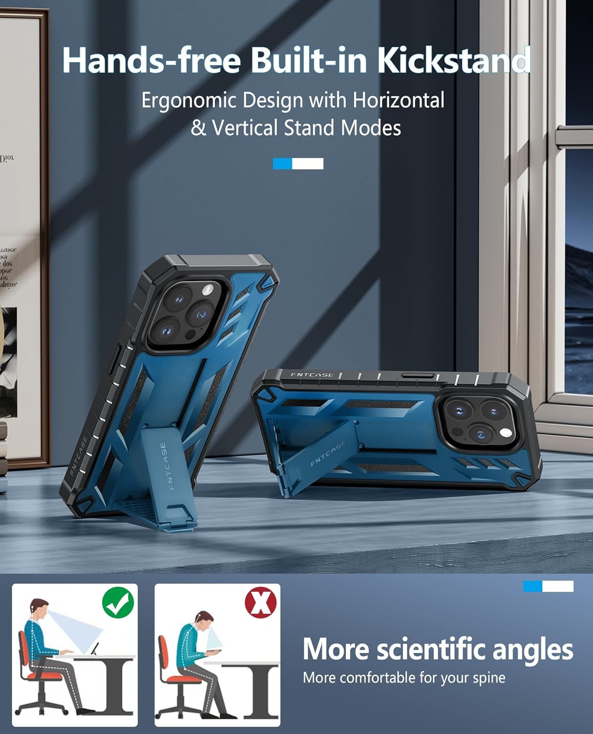 FNTCASE for iPhone 14-Pro Phone Case: for iPhone 13 Pro Cases | Military Grade Drop Proof Protection Mobile Cover with Kickstand | Matte Textured Rugged Shockproof TPU | Protective Sturdy - Blue - Image 4