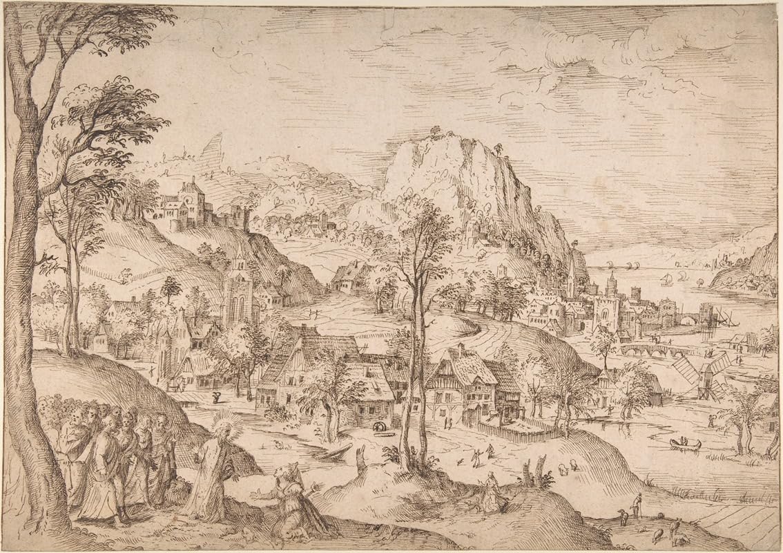 Panoramiczny krajobraz ujścia rzeki górskiej z Chrystusem i kobietą z Kanaanu (połowa XVI wieku) plakat wydruk autorstwa Lucasa Gassela (24 x 36)