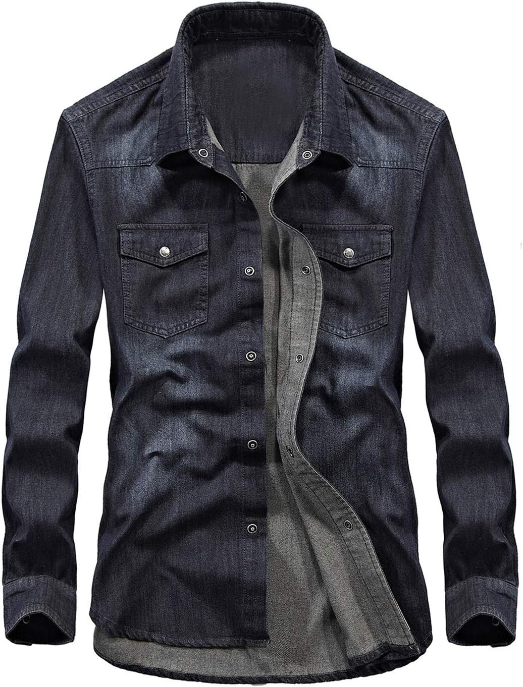 chouyatou Men's Essential Button Down Long Sleeve Washed Denim Shirt