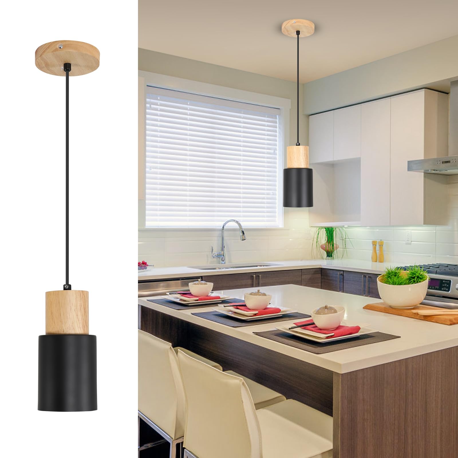 Tealight Lámparas de Techo Industriales Regulable en Altura Lámpara Colgante Diseño en Metal y Madera Luz Colgante E27 Negra Iluminación Techo Interior para Pasillo Dormitorio Bar Cocina