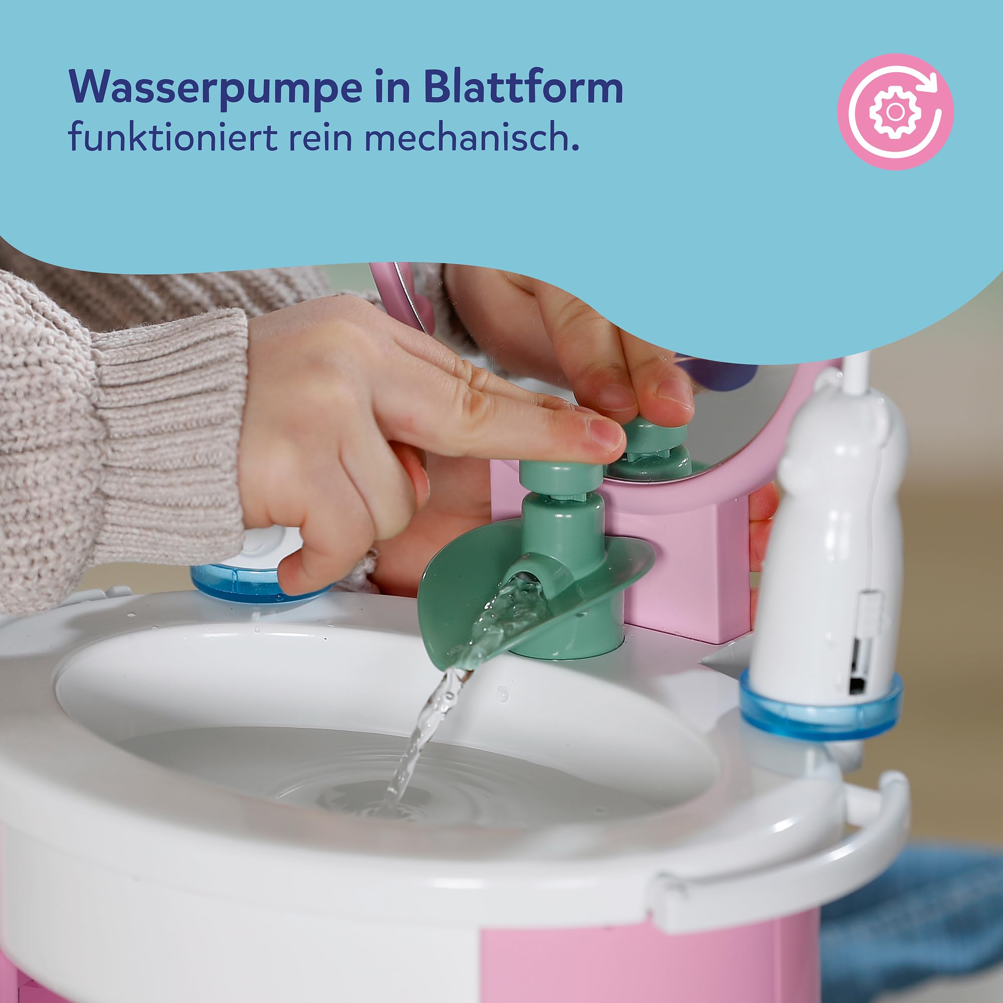 BABY Born Handwaschbecken, Puppenwaschtisch für 36cm und 43cm Puppen inkl. Zahnbürste und Seifenspender, funktioniert mit Wasser, Keine Batterien benötigt
