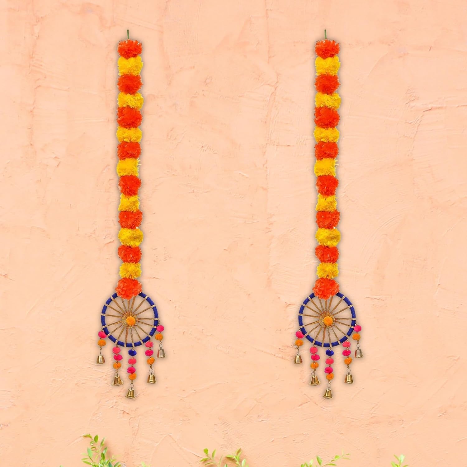 eCraftIndia Artificial Marigold Flowers Hangings with Bangles Ringing Bells (Pack of 2) | Artificial Flowers for Home Decoration | Wedding, Ganpati, Navratri, Diwali Decoration Items
