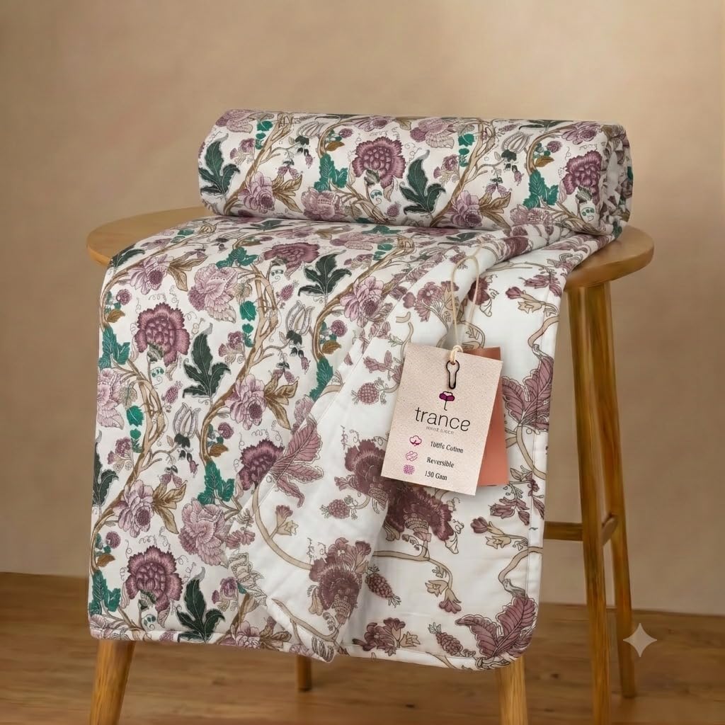 Trance Home Linen 100% Cotton Reversible Dohar Double Bed Size | Jaipuri Printed Artisan Block Design Blanket | Soft Lightweight Ac Comforter Quilt (84"X88", Malhaar Red), 200 TC Summer Collection-image-16