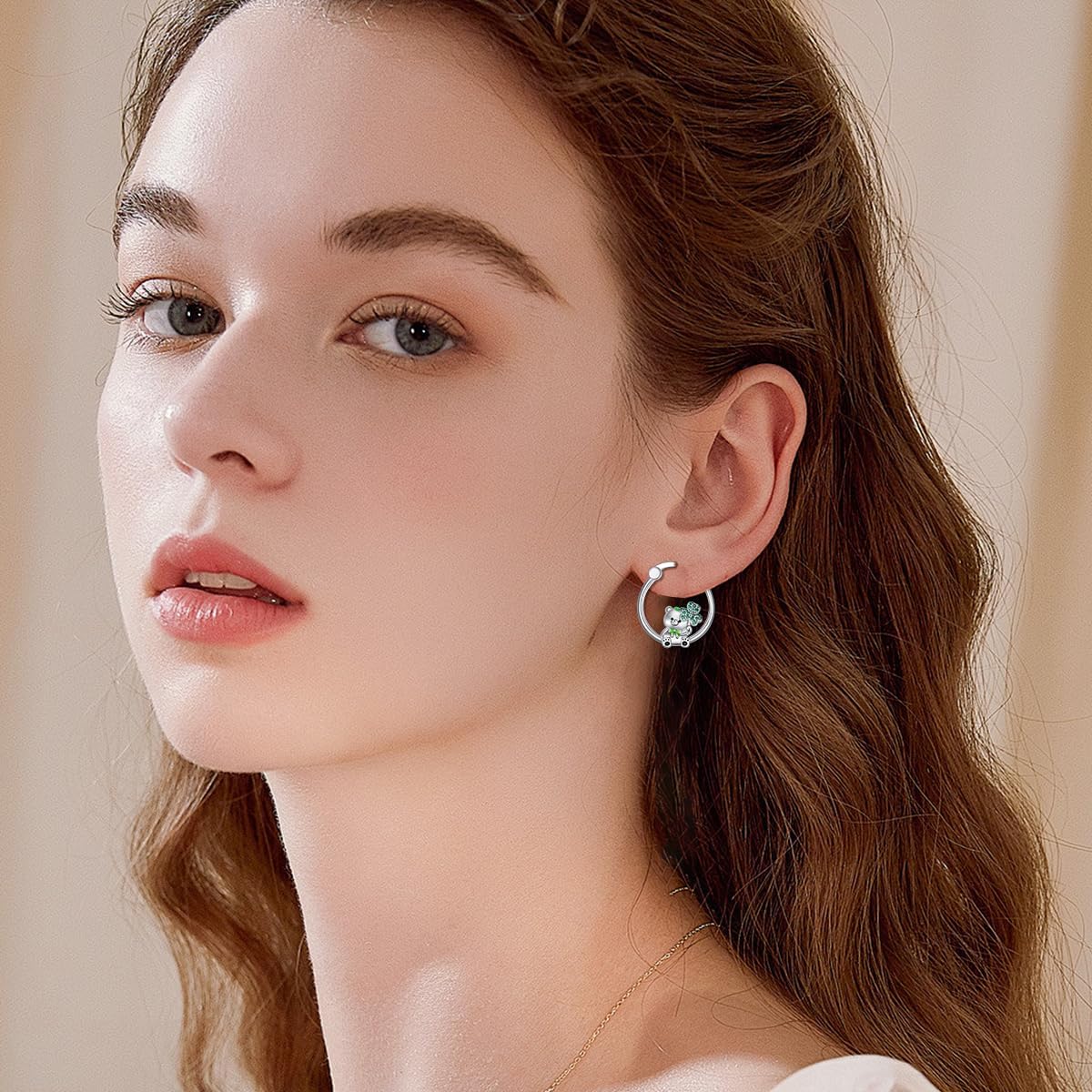 Teddy Bear Earrings for Women 925 Sterling Silver Bear Hoop Earrings with Shamrock Jewelry Gifts