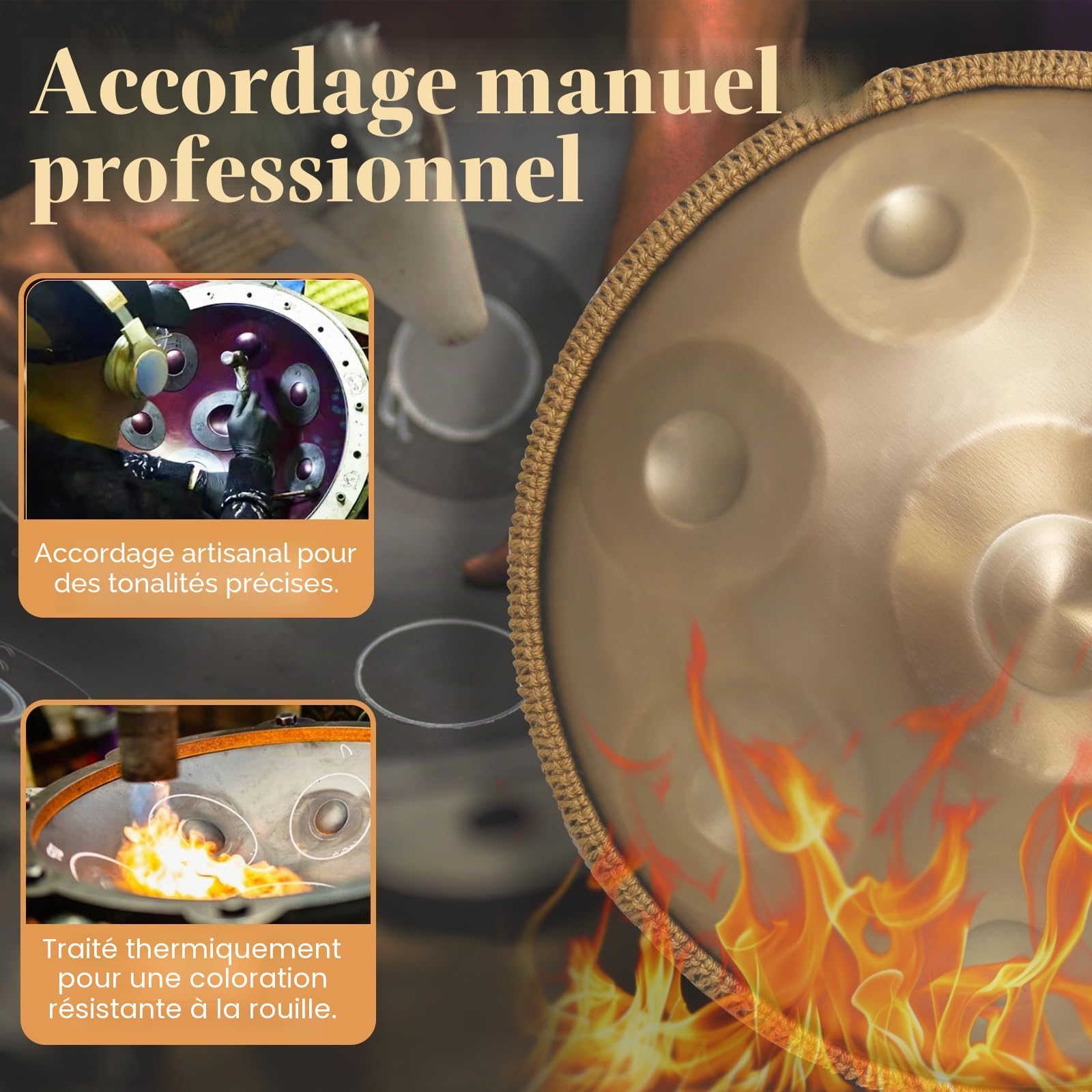 Handpan Drum, 22 Pouces Or Steel Hand Pan Tongue Drum D Minor 10 Tons 440 Hz pour Yoga, Méditation avec Sac à dos, Support de Batterie
