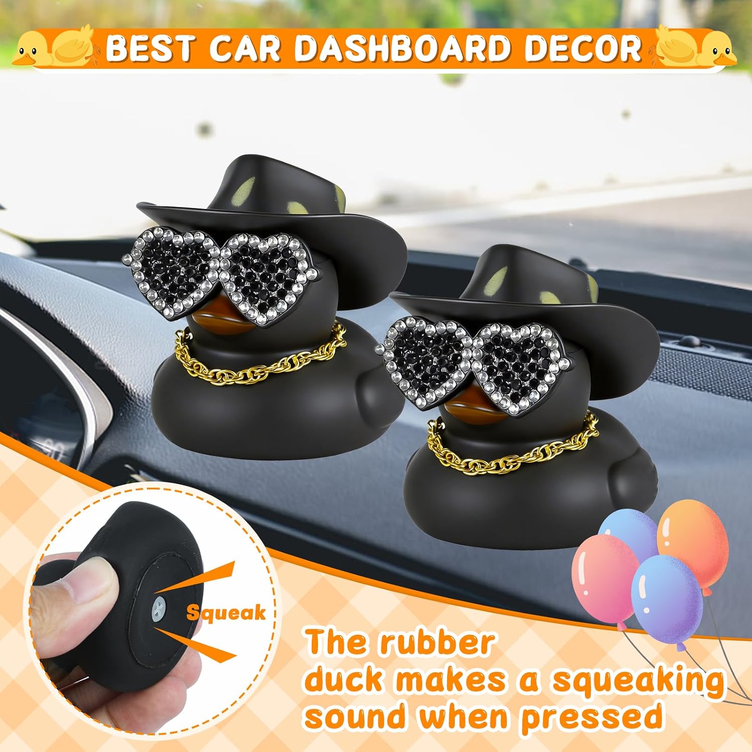 12 Pack Black Rubber Ducks Bulk with Cowboy Hat, Heart Diamond Sunglasses, Gold Necklace - Fashionable Car Dashboard & Office Desk Decor - Squeaky Stress Relief for Adults, Car Lovers image 3