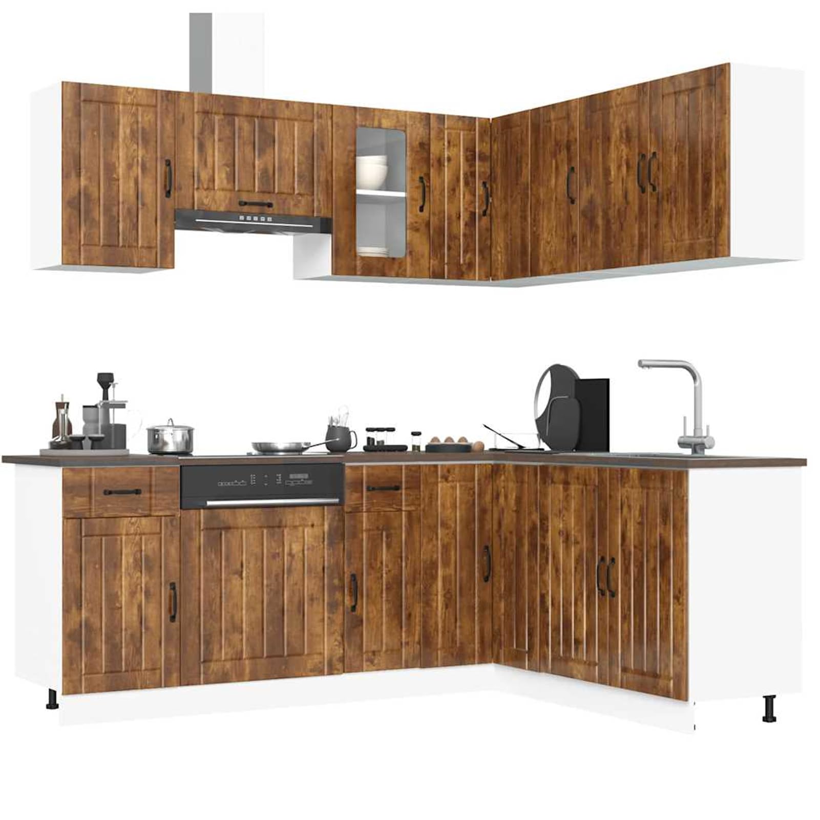 Gecheer Set Mobili Cucina 11 Pezzi, Composizione Modulare Kalmar Rovere Fumo, Legno Multistrato e Vetro, per Arredamento Cucina Moderna e Classica
