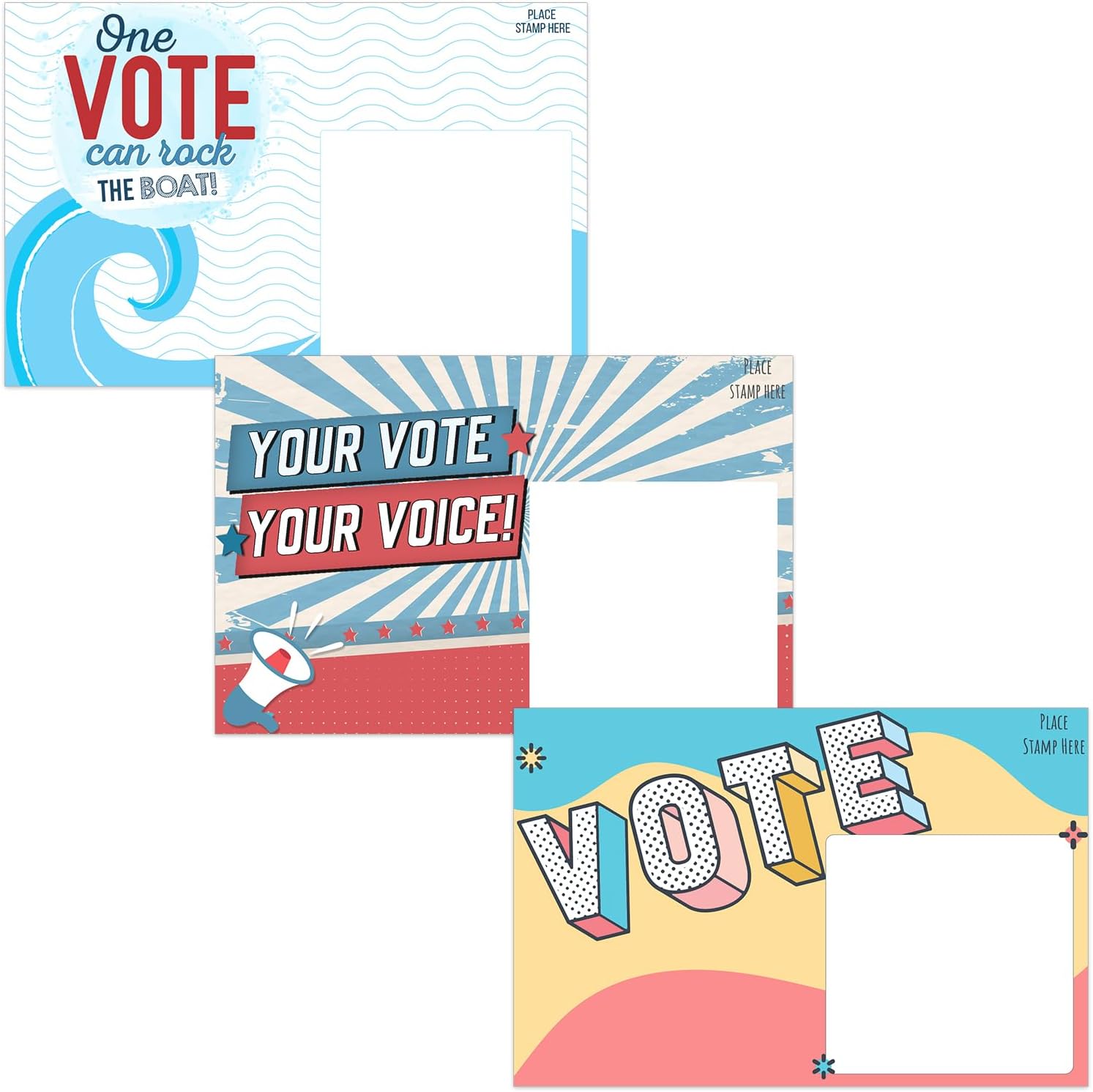 T MARIE 300 Bulk Voter Postcards 4x6” - 3 Designs With Blank Back for Message to Voters - Uncoated Cardstock for No Smearing - Encourage Voting In Your State