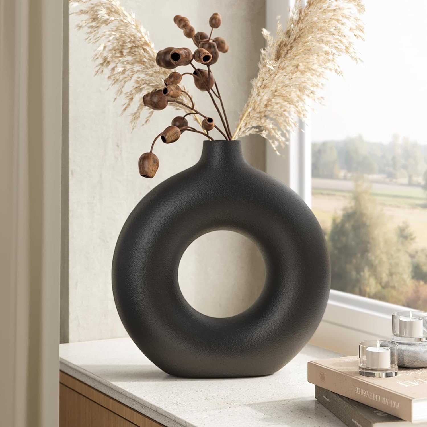 7.6 Inch Black Donut Vase for Pampas Grass, Modern Hollow Ceramic Vase for Table, Mantle, Minimalist Nordic Industrial Style Decorative Vase for Home Decor, Living Room, Farmhouse, Office image 3