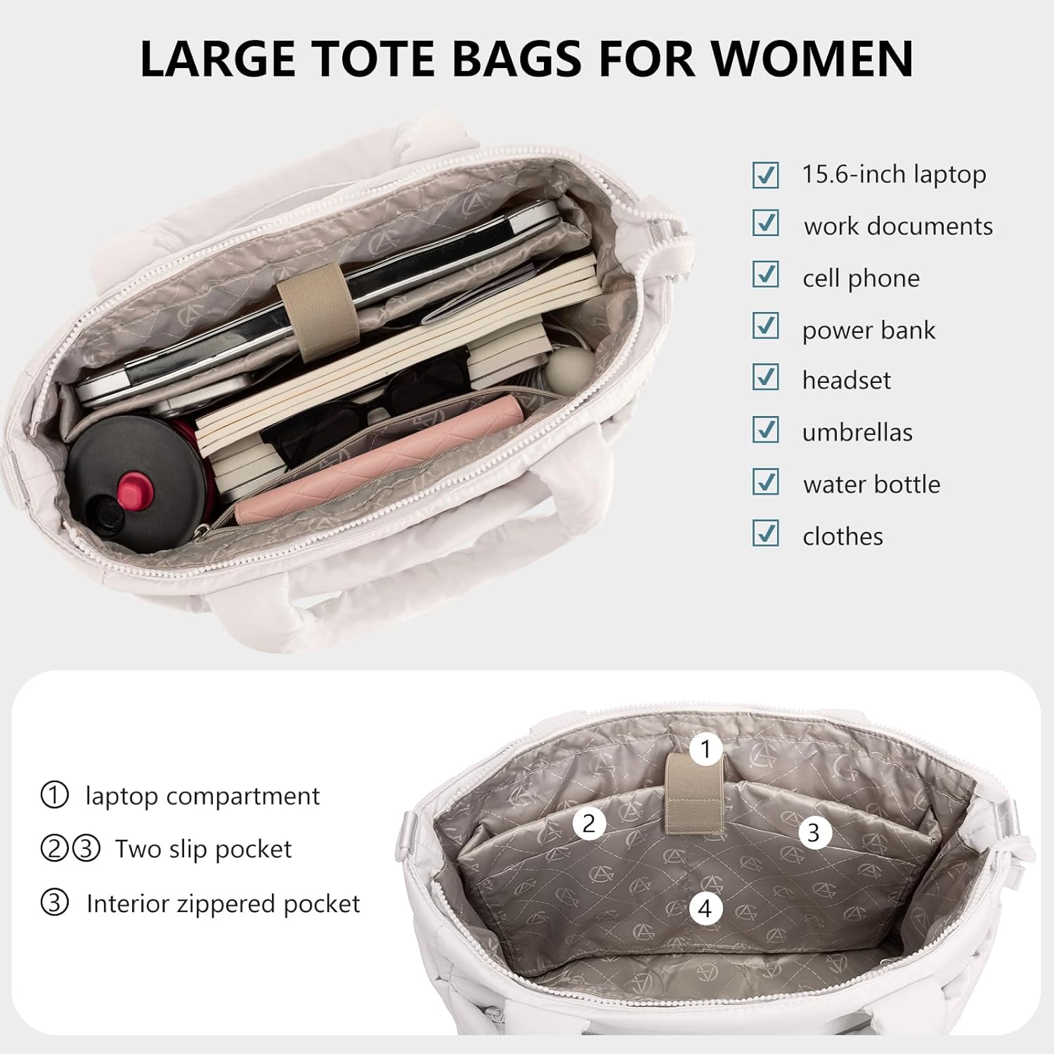 Tote Bag for Women Lightweight Puffer Tote Bag Large Nurse Bags Handbag with Pockets Zipper Closure for Work Travel
