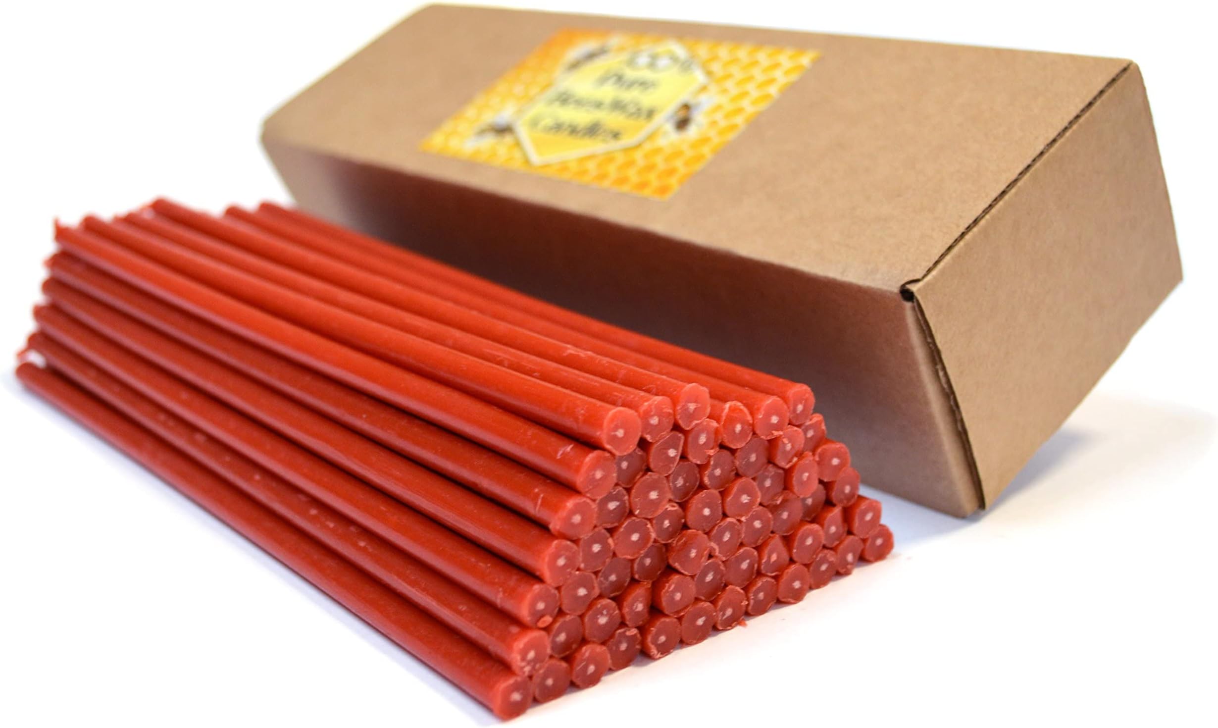 Natural Pure Beeswax Candles Organic Honey Eco Candles Amber Red Color in Gift Box (Natural Cotton Wicks, Dripless, Smokeless, Not Taper Candles) (Red, 8 Inches (20 cm) 60pcs)