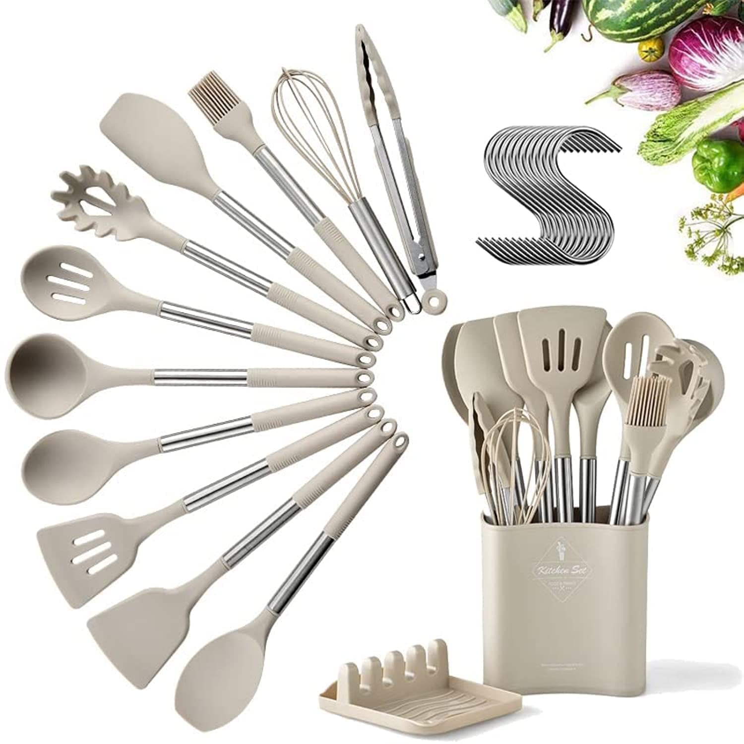 Silicone stainless steel Handles Cooking Utensil Set,Arabest 14pcs Silicone Kitchen Utensil Set With Hooks for Nonstick Cookware,Non Toxic Heat Resistant Kitchen Tools With Storage Bucket And Lid Rest