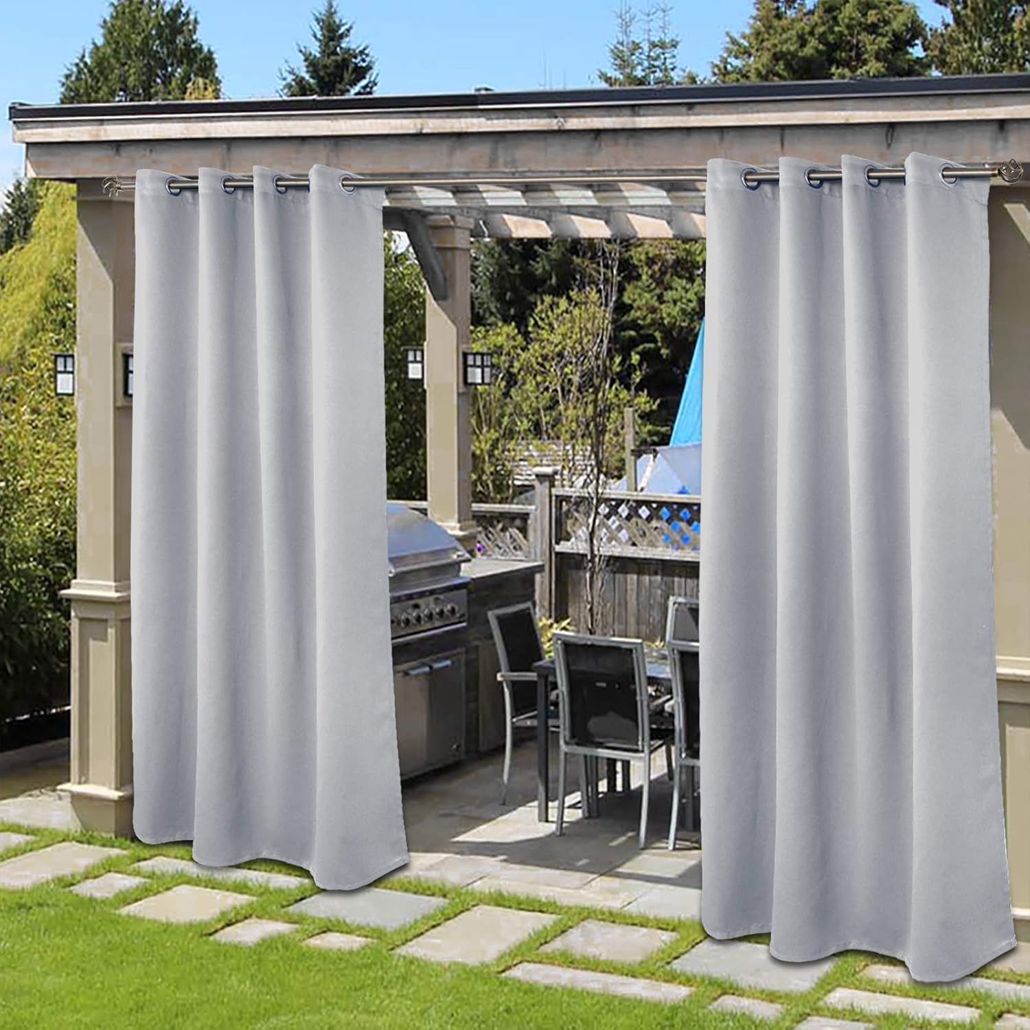 BGment 2 Panels Outdoor Curtains for Patio Waterproof, Grommet Windproof Thermal Privacy Sun Blocking Curtains for Gazebo, Pergola, Porch, 52 x 84 Inch, Light Grey