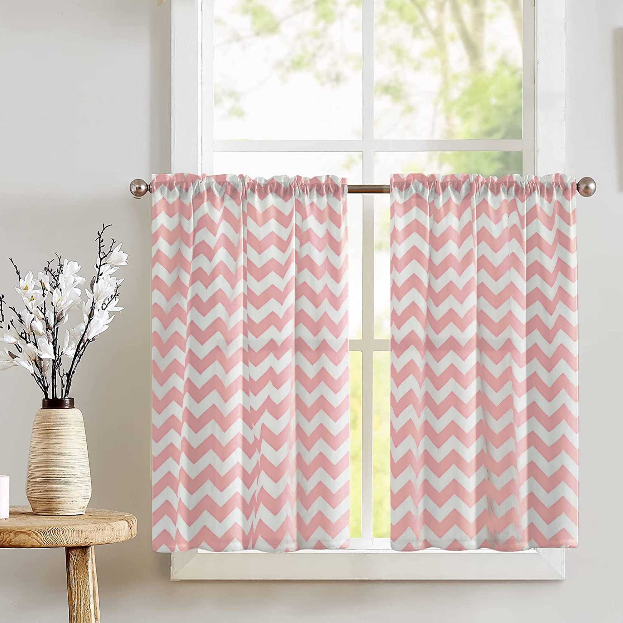 Zen Creative Designs Chevron Zig-Zag Print Tier Window Valance 2 Piece Set Home Décor Bedroom Nursery Kitchen Window (Pink)