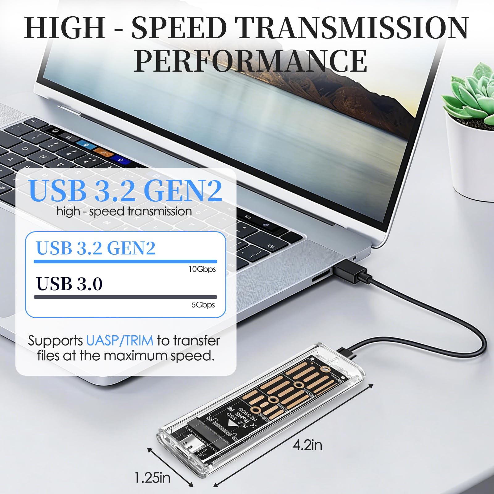 Custodia SSD M.2 NVMe, Adattatore NVMe USB 3.1 Gen 2 (10 Gbps), Custodia SSD USB-C Lettore Disco Rigido Esterno per M-Key 2230/2242/2260/2280, Design Trasparente Anti-Calore