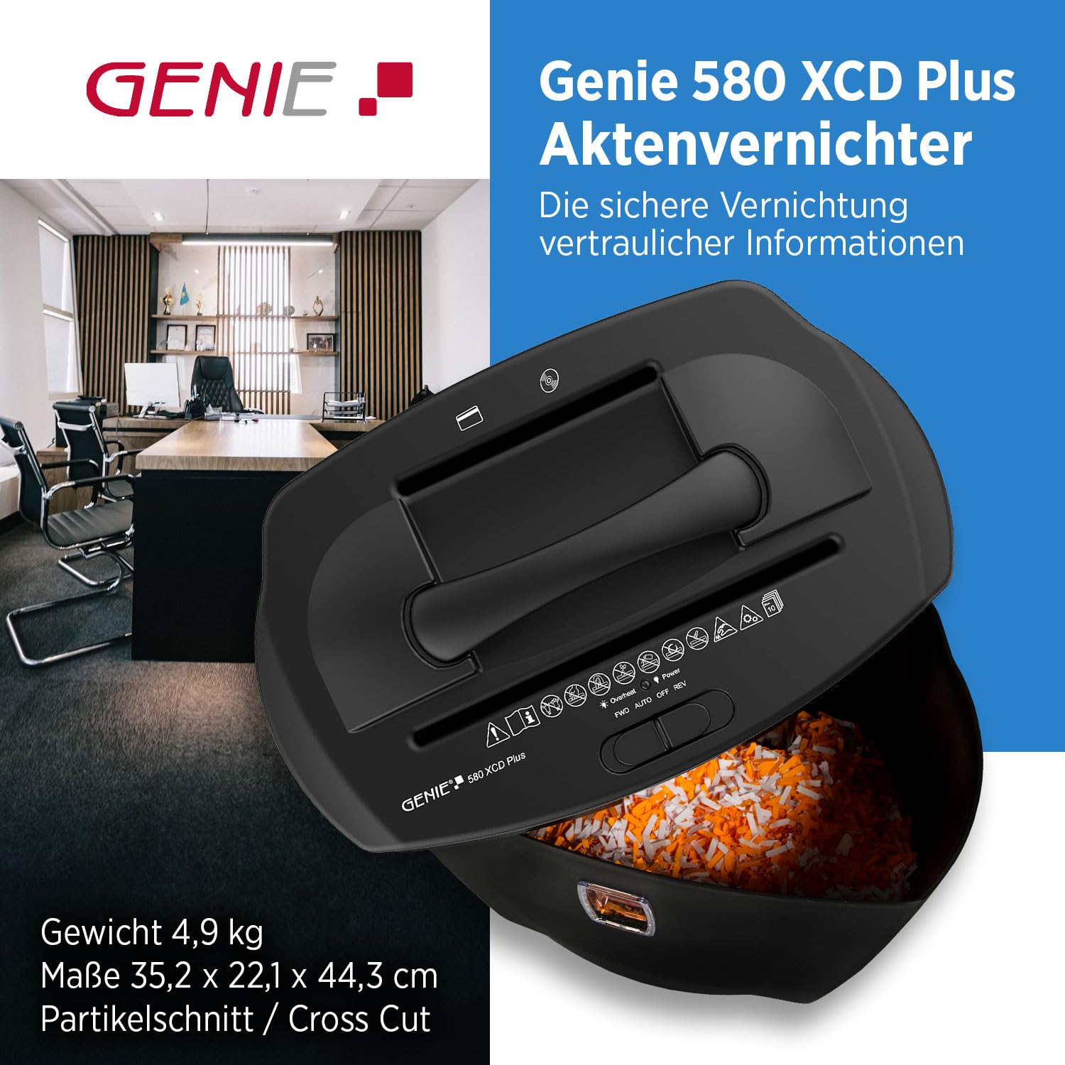 GENIE 580 XCD Plus, niszczarka dokumentów, pojemność 10 arkuszy, niszczy płyty CD/DVD i karty kredytowe, 21 litrowy pojemnik na odpady