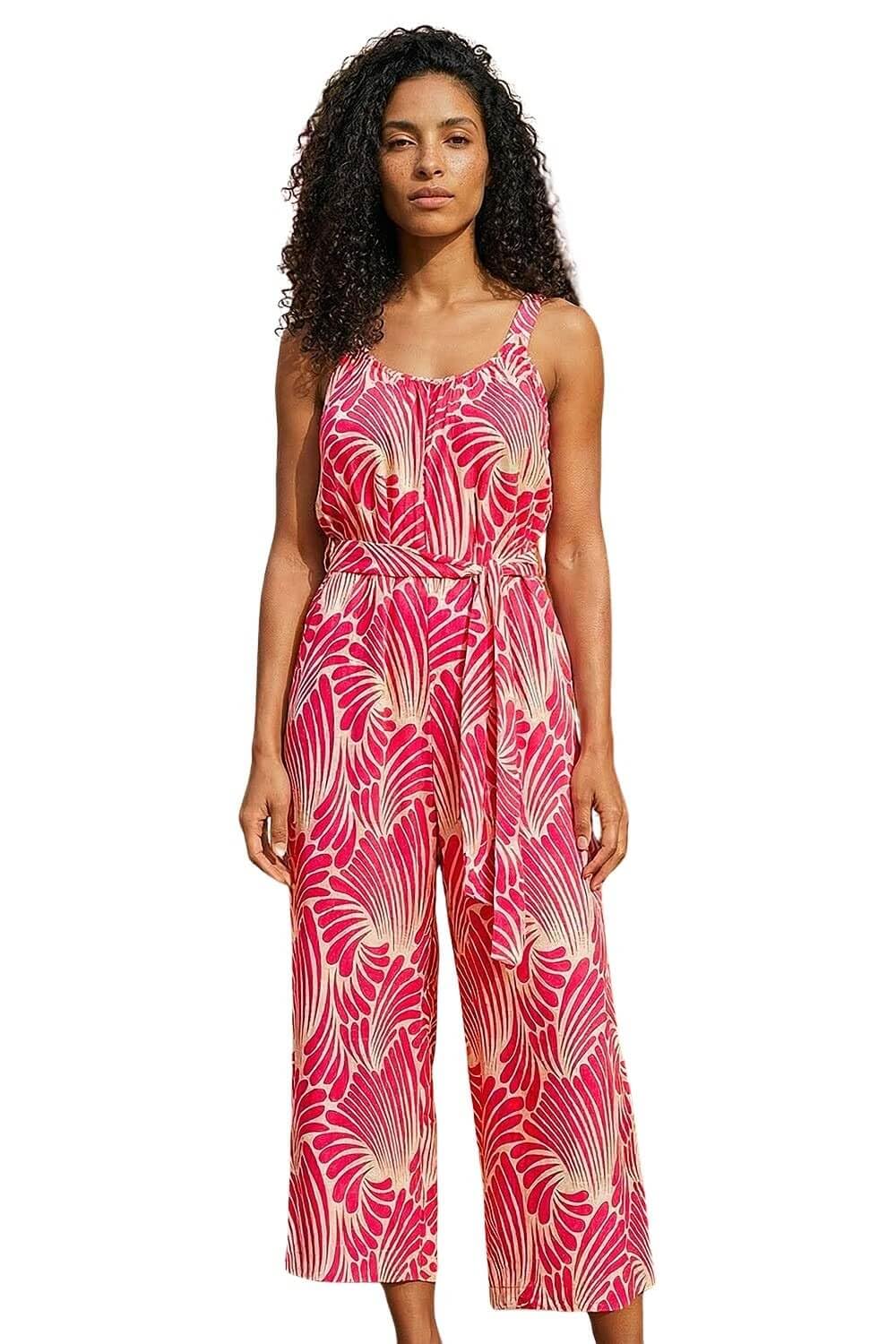Roman Originals Women's Pink Abstract Strappy Jumpsuit For Uk - Everyday Holiday Spring Summer V-Neckline Comfy Soft Evening Vacation Work Party - Size 14