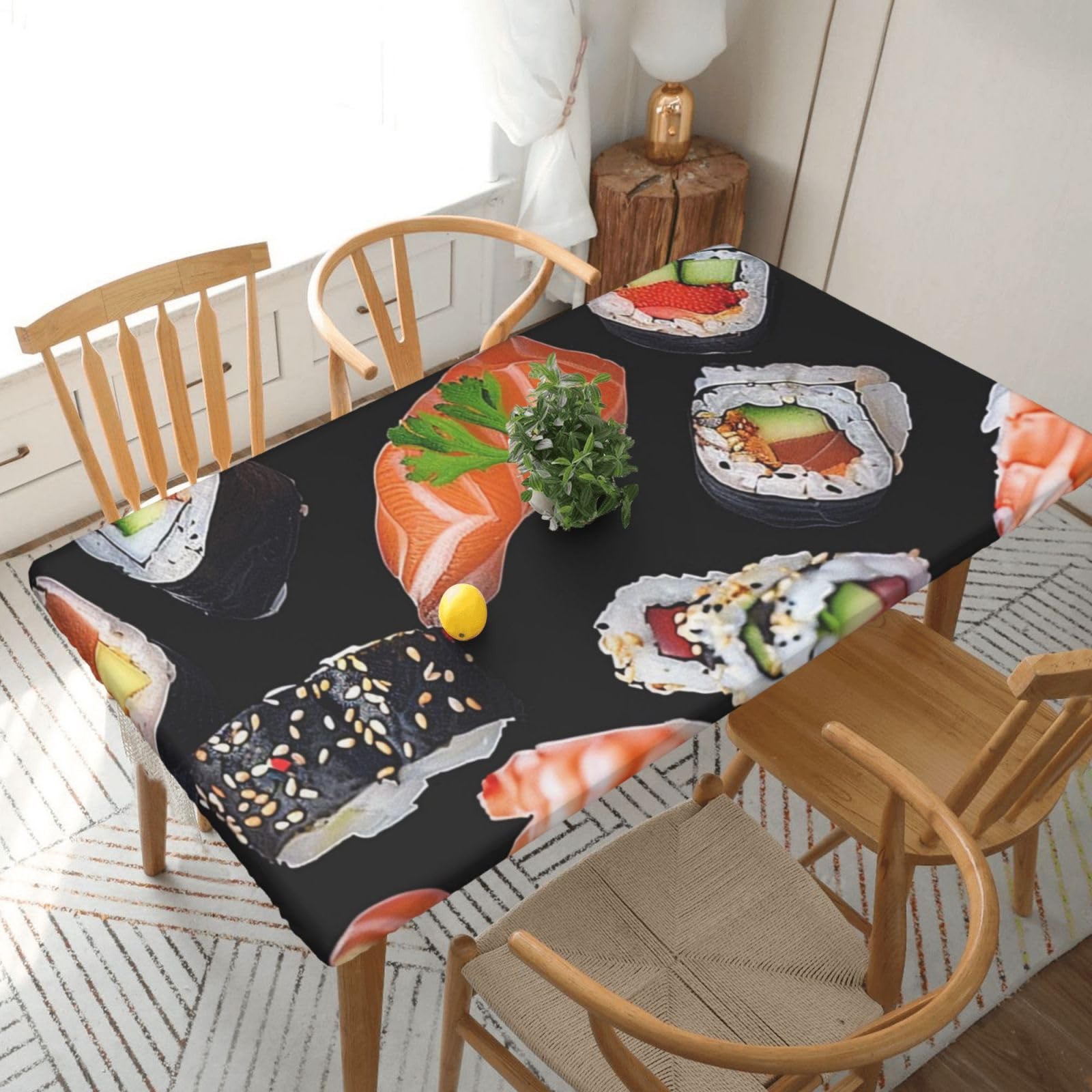 WPKJU Japanese Sushi Black Printed Tablecloths 5ft Rectangular Table Covers Washable Polyester Decorative Table Cloth for Dining Table Picnic Wedding