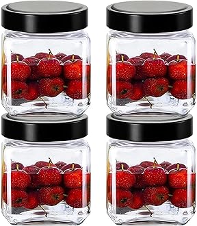 Vency Piramal Glass Cubical Square 600ml Transparent Glass Jars & Containers for Kitchen Pantry, Snacks, Pickles, Cookies, Dry Fruits, Coffee Storage with Black Plastic Lid (600ml, Set Of 4)