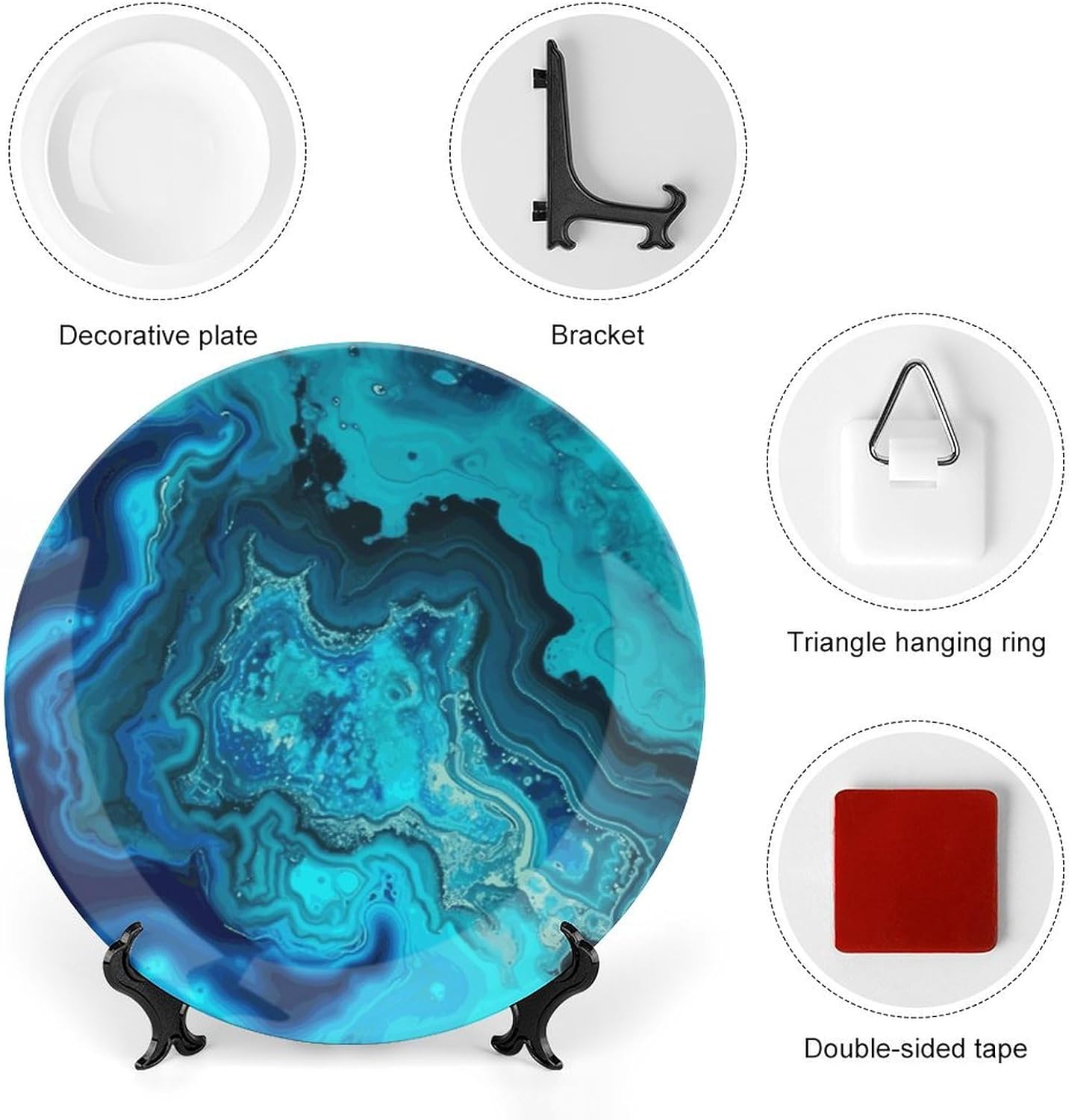 Bright Aqua Blue Turquoise Bone China Decorative Plates 10inch Porcelain Plates with Display Stand Small Desert Plate Ceramic Dinner Dish Decorative Plate for Wall Hanging Bone China Dish