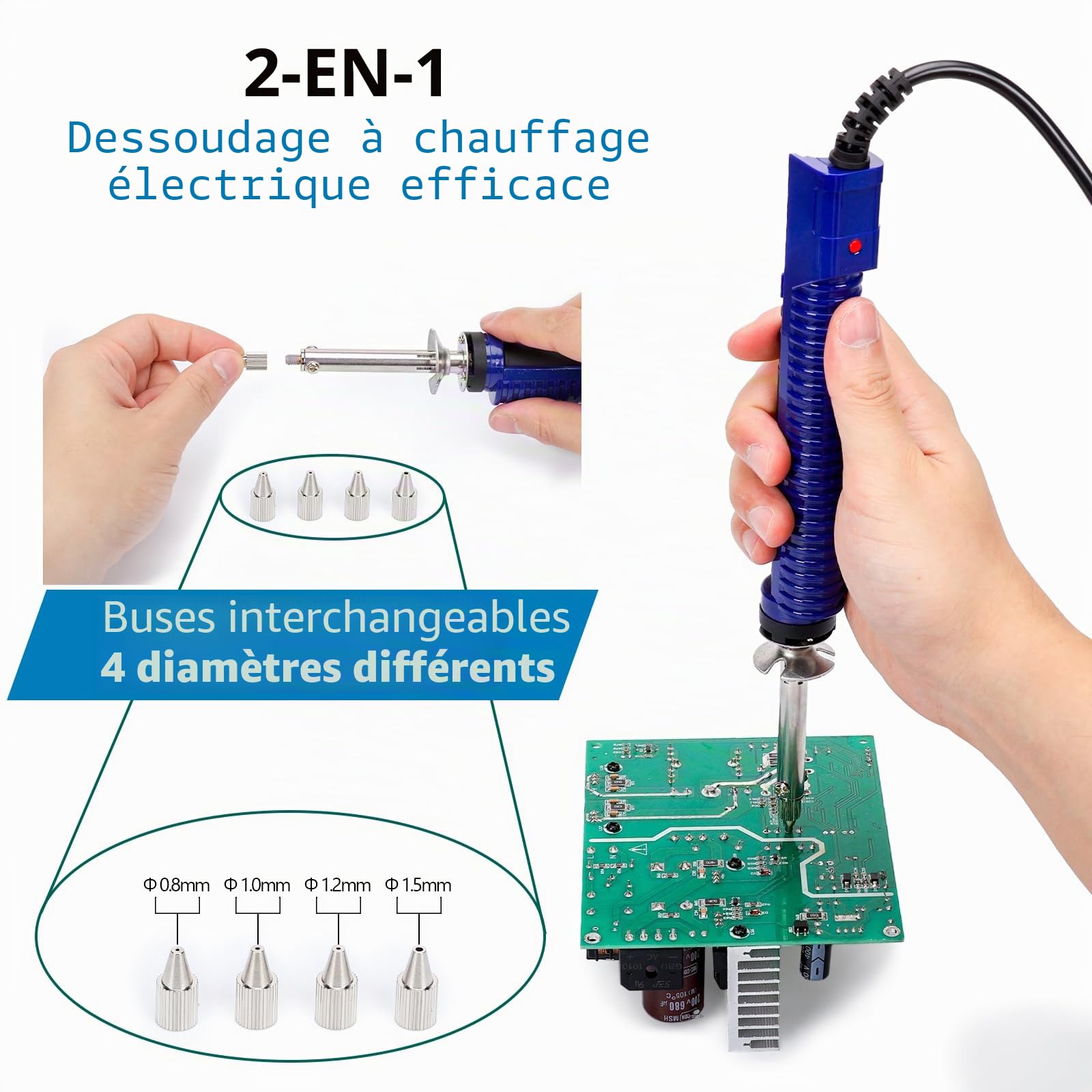 WEP 929D-V 2 EN 1 kit de soudage et dessoudage avec pompe a dessouder électrique, 5 buses 0,8/1,0/1,2/1,5 mm, support, éponge, broche de nettoyage pour dessoudage, pompe à dessouder intégrée (EU)