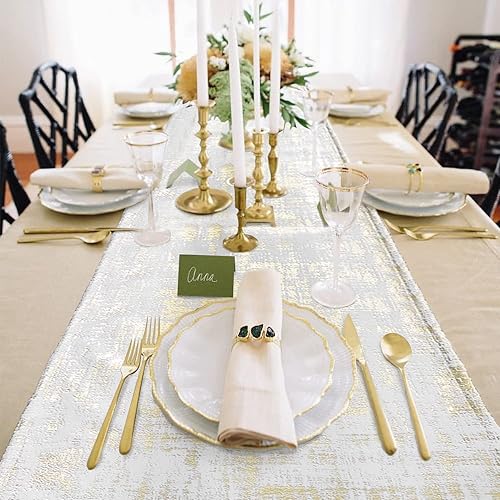 Miniatura 4 de Camino de mesa blanco y dorado para decoración de Navidad en interiores, decoración moderna y glamorosa de Navidad, camino de mesa de tela de