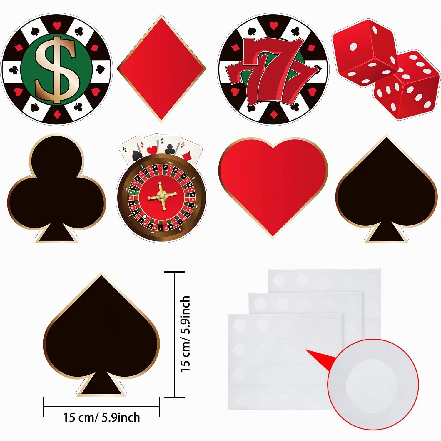 40 Pièces Découpes de Fête de Casino Polyvalentes Las Vegas Casino sur le Thème Poker Découpes de Décoration de Fête d'Anniversaire avec Points de Colle pour Babillard Fête de Casino, 5,9 x 5,9 Pouces