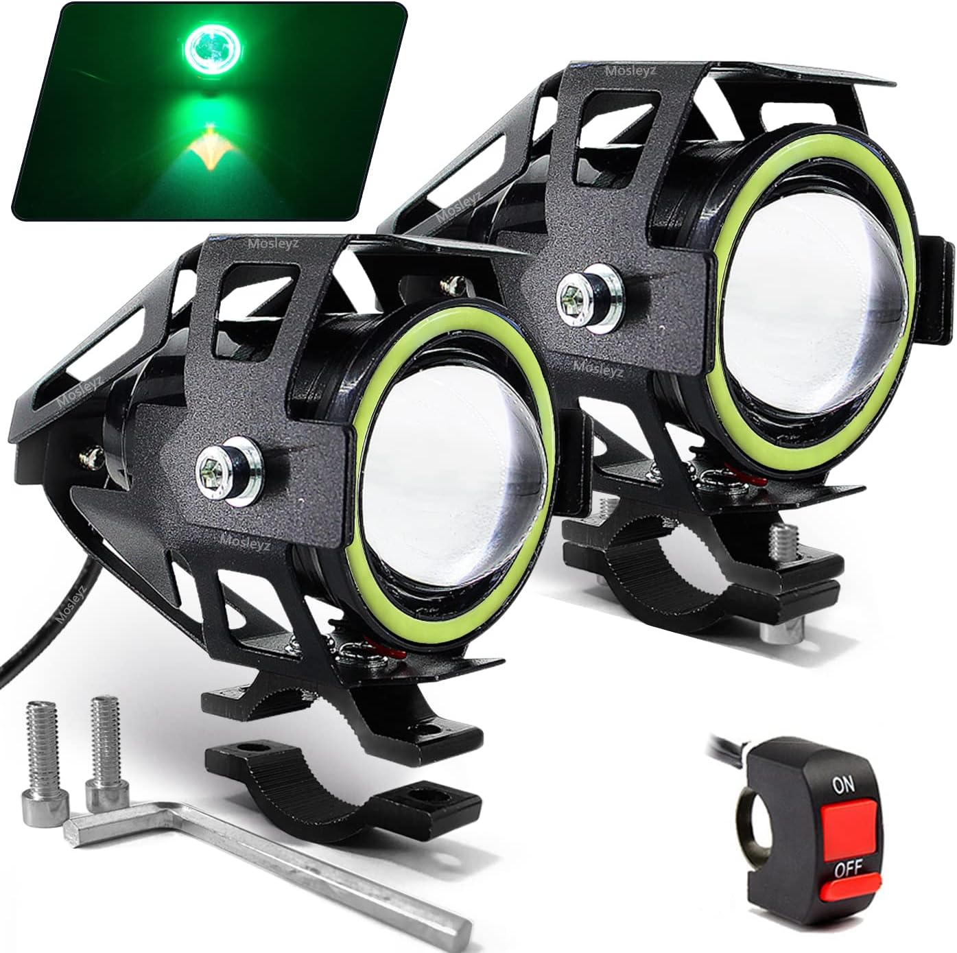 Motorcycle Headlight U7 LED Fog Lights Spotlight Daytime Running Lights with Green Angel Eyes Halo Ring and ON/Off Toggle Switch 2-Sets