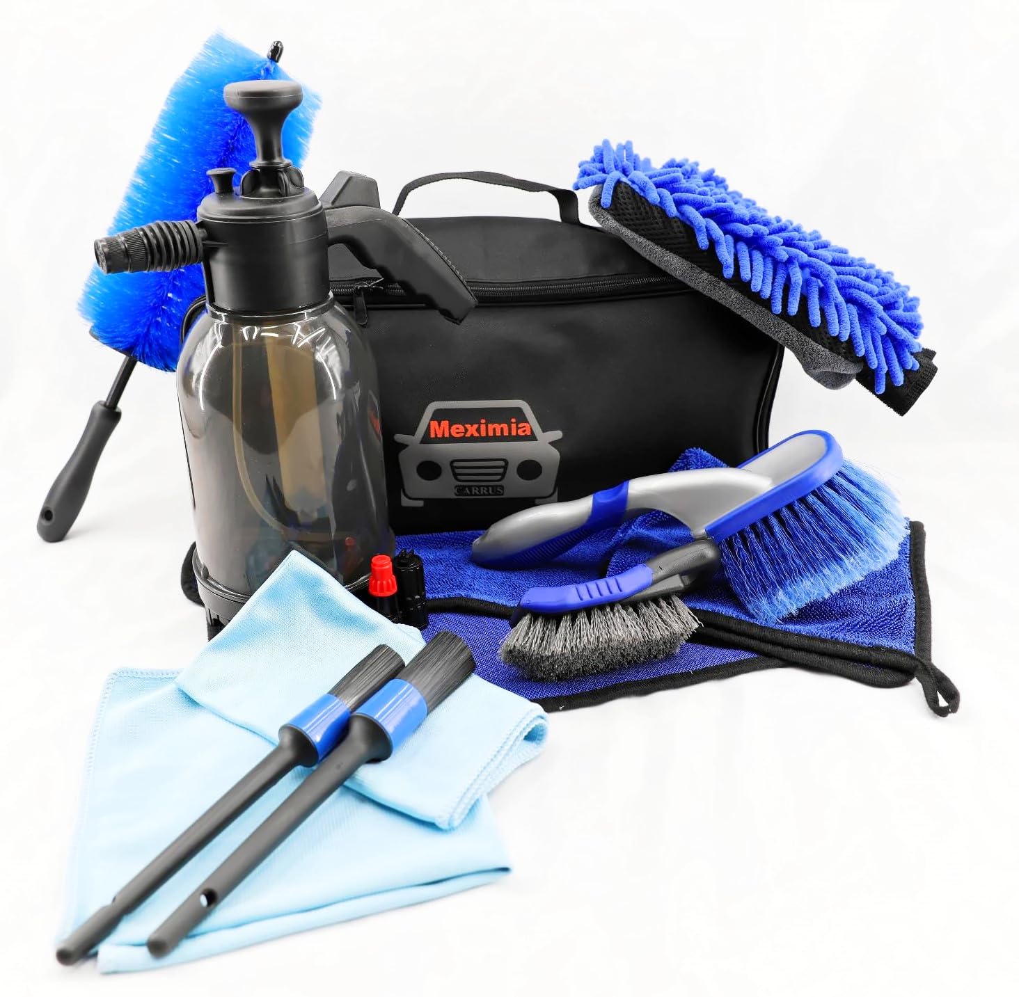 Kit Nettoyage Voiture,12PCS, Bouteille Spray Mousse prélavage, Gant Lavage Microfibre, Brosses Jantes et pneus, Pinceaux De Détail, Sac De Rangement