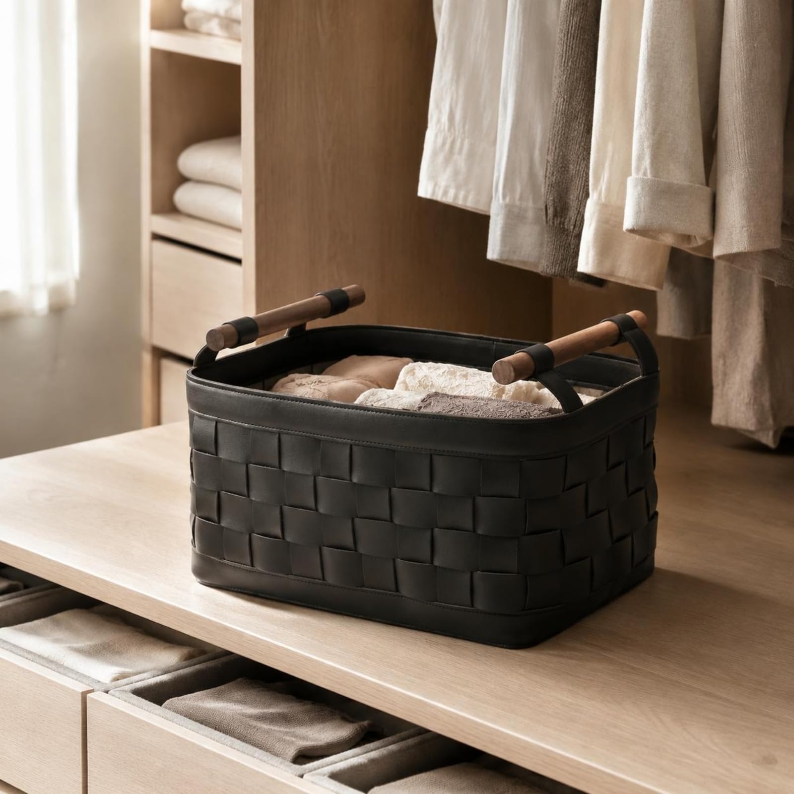Cesta de Almacenamiento Elaborada en Cuero con Asas Ergonómicas de Madera para Organizar Lencería Ropa y Objetos Diversos Adecuada para Vestidor Dormitorio y Closet, Marrón Oscuro