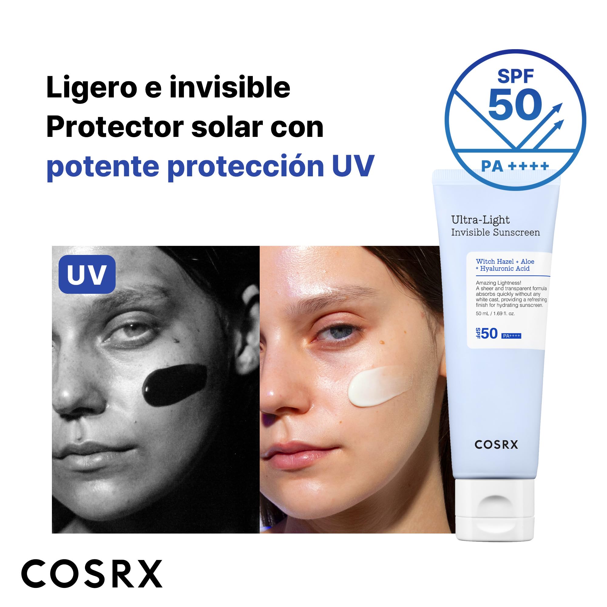 COSRX Ultra-Light Invisible Sunscreen | SPF50 PA++++, Sin Efecto Blanco, Ligero y de Absorción Rápida, Protección UV, Protector Solar Hidratante para la Piel Dañada por el Sol y Seca