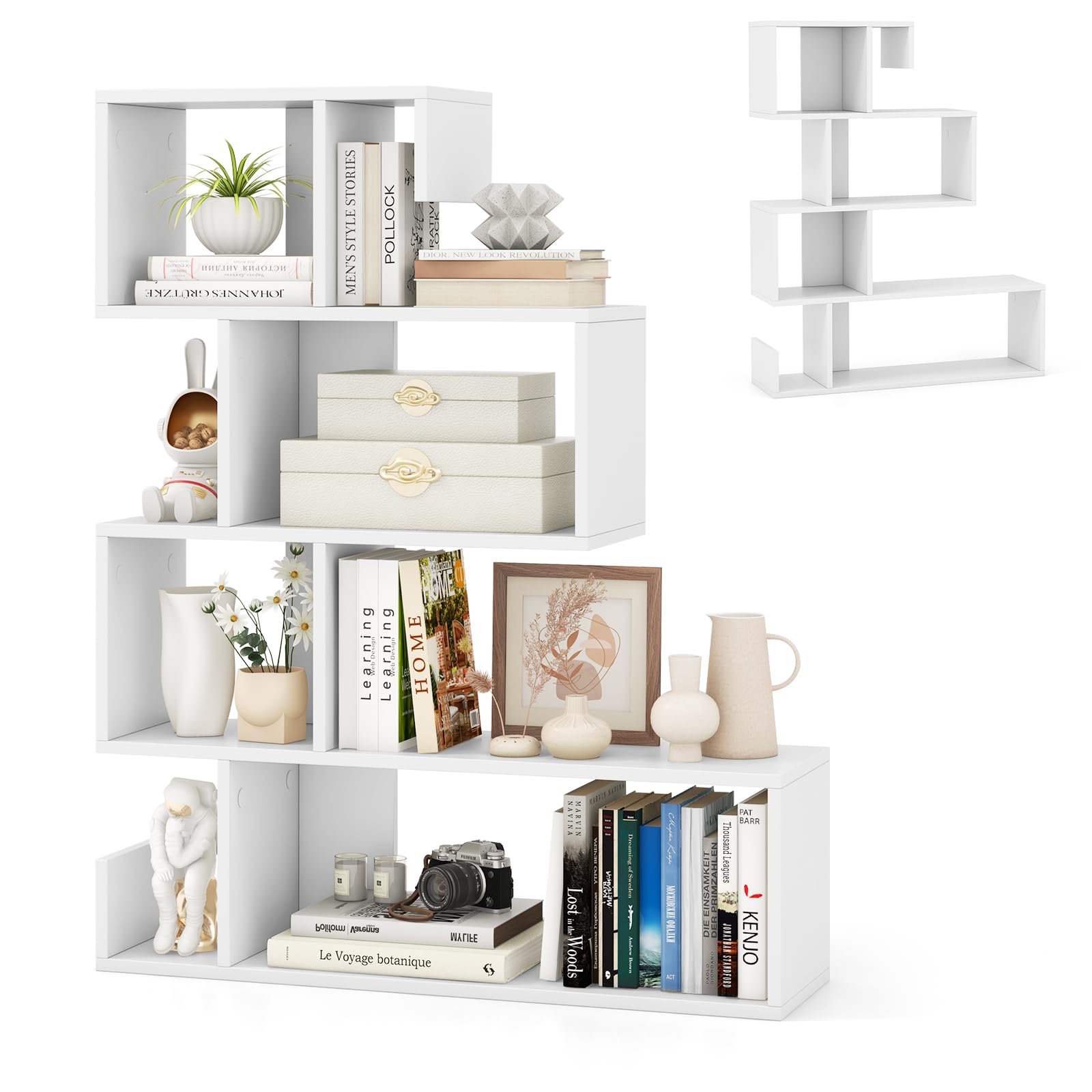 HOMASIS Libreria a Forma di Mossa con 5 Livelli, Scaffale Aperta a Forma di S in Legno, Libreria Divisoria con Protezione Anti-Ribaltamento per Soggiorno, Studio, 80 x 22 x 100 cm (Bianco)