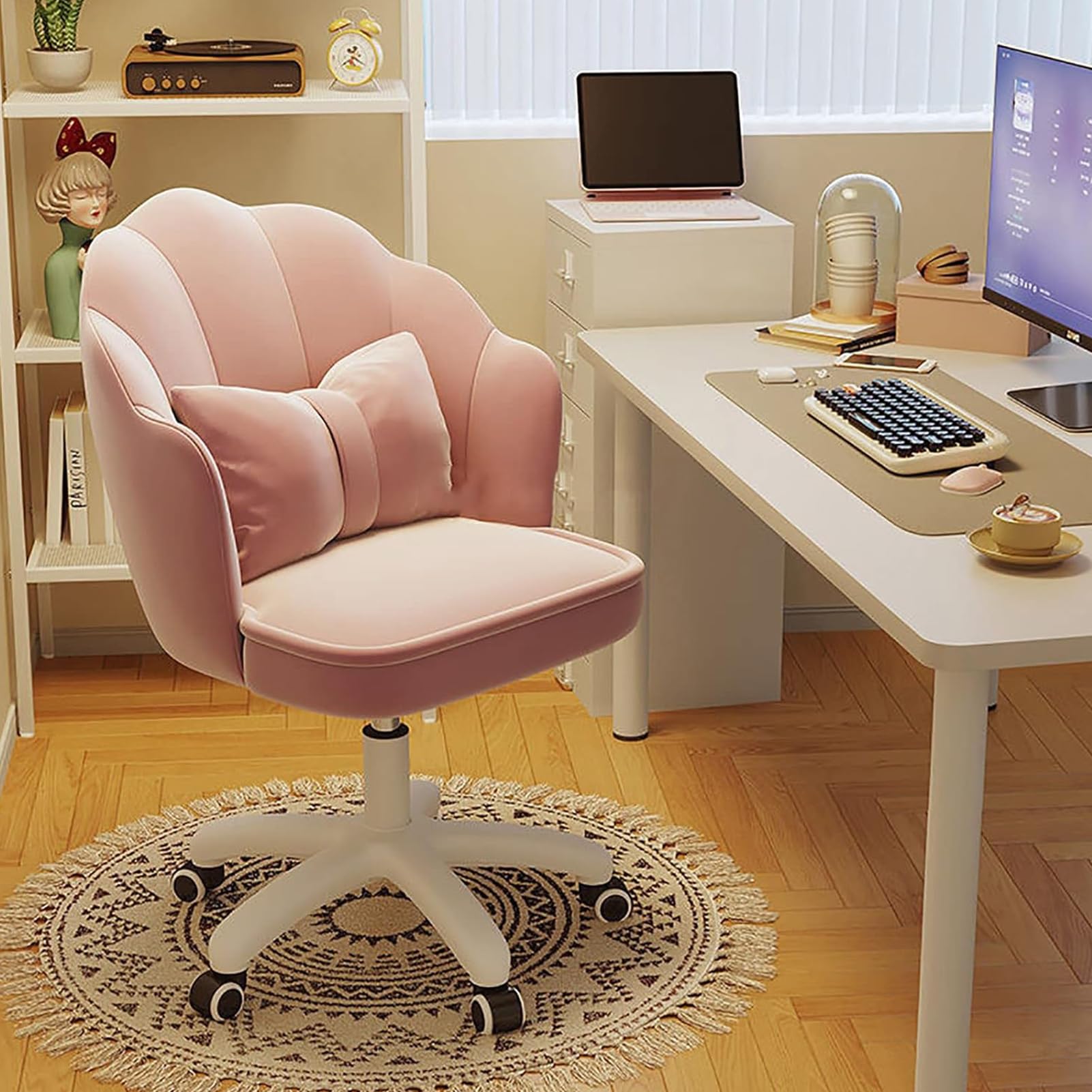 Silla de tocador ejecutiva de terciopelo de felpa con base giratoria de altura ajustable para un trabajo cómodo en el escritorio (rosa)