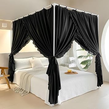 AIKASY Princess Canopy Bed Curtains with Top Ties - Windproof & Lightproof for Girls Adult Bedroom Decor | Bed Canopy Drapes Queen,Black
