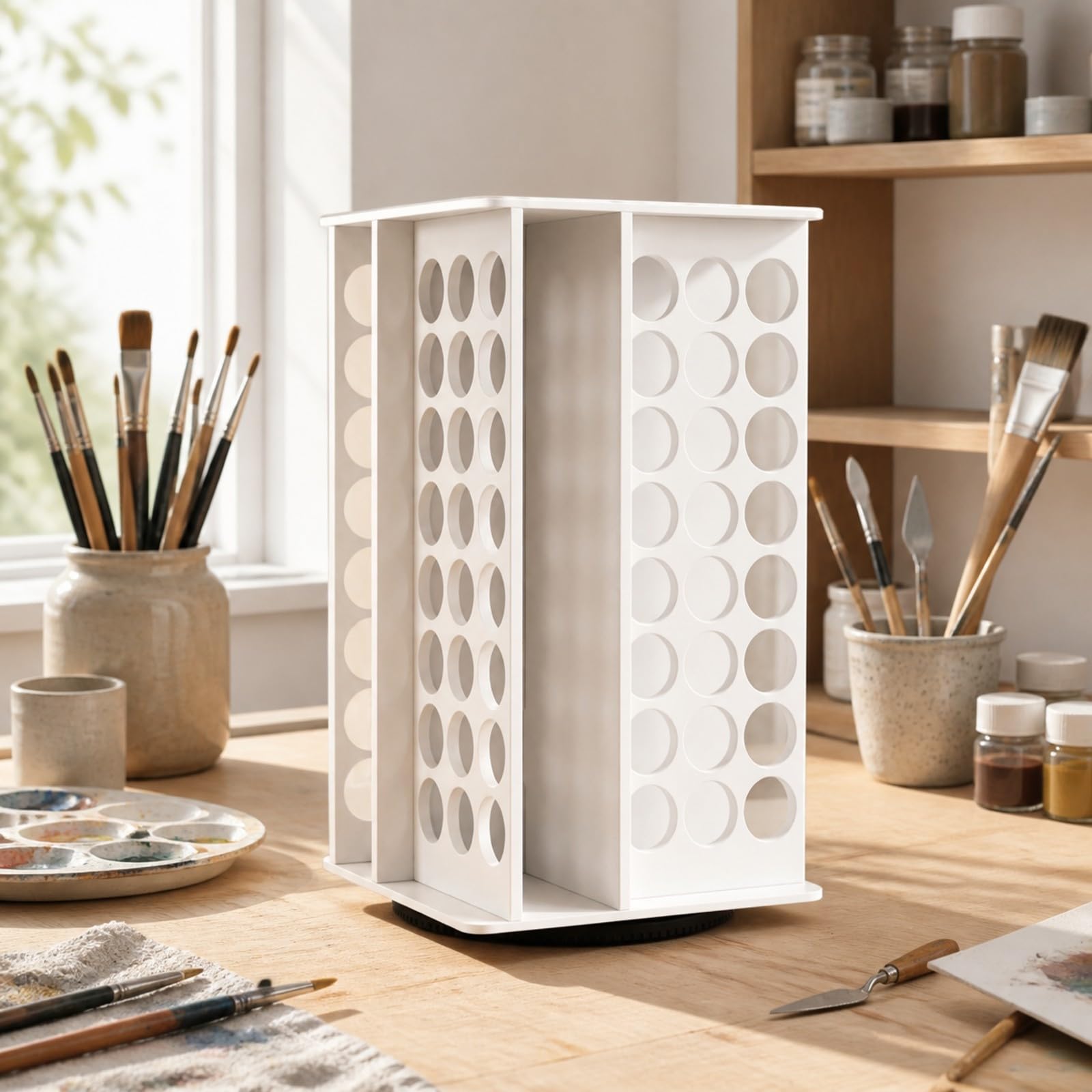 harayaa Organizador Rotatorio para Pinturas tes Verticales y Base Giratoria con Compartimentos para Botellas Acuado para Taller Manualidas Escritorio