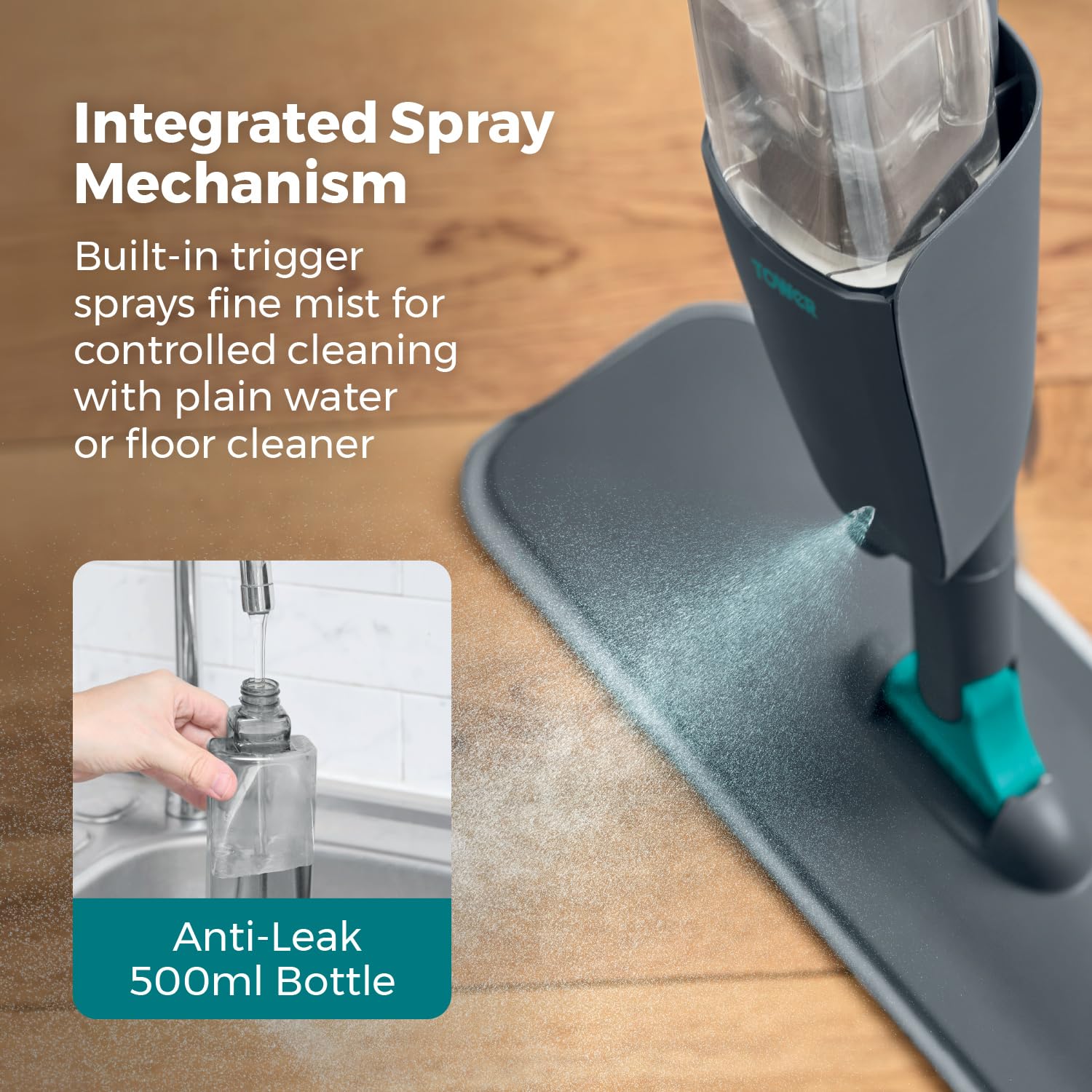 Tower Trapeador en Aerosol con 4 Almohadillas de Microfibra Lavables y Botella Recargable de 500 ml, Ligera, ergonómica, Limpieza multisuperficie, Antracita y Verde Azulado, T769012TL