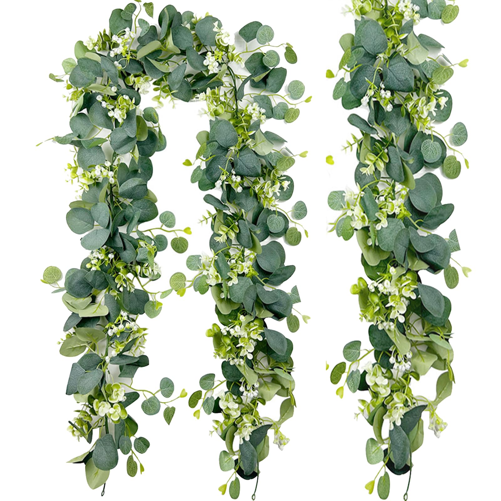 Neusid Green 2Pcs Artificial Eucalyptus Garland, 5.8 Ft Realistic Leaves And Ginkgo Mixed Hanging Plants Vines Faux Ery Garland For Wedding Party Bedroom Home Decoration