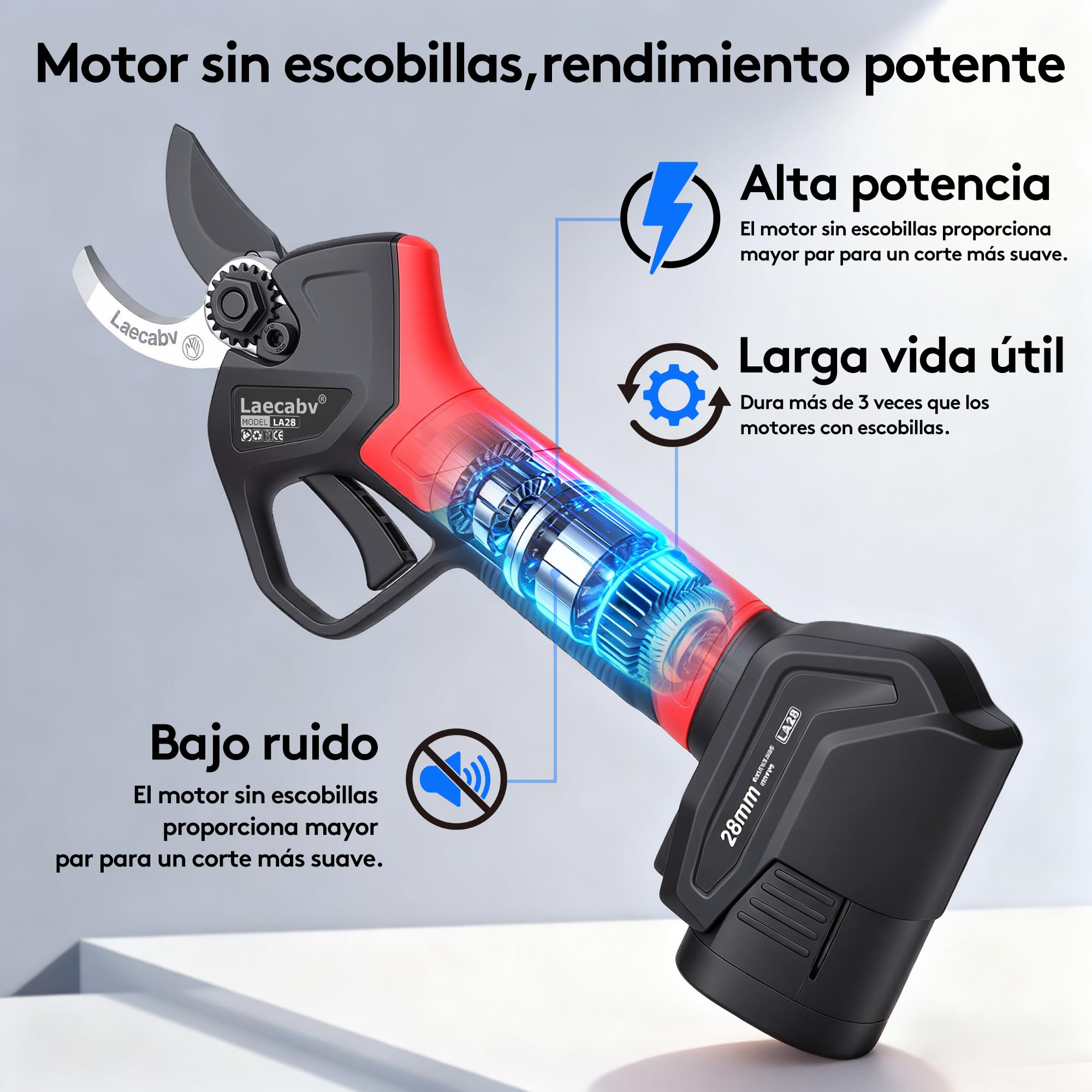 Tijeras de Podar Eléctricas, 28mm Tijeras de Podar con Batería Profesional, Tijeras Rama Inalámbrico con Motor sin Escobillas, 2 Piezas Batería de Litio Recargable de 16.8V/2Ah (LA28BKRD)