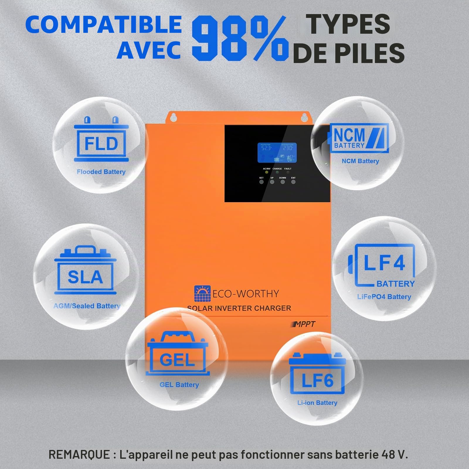 ECO-WORTHY Onduleur hybride 48 V 5000 W pur sinusoïdal + régulateur de charge solaire MPPT 80 A CC à 220 V/230 V CA onduleur solaire pour camping-car maison complète système solaire
