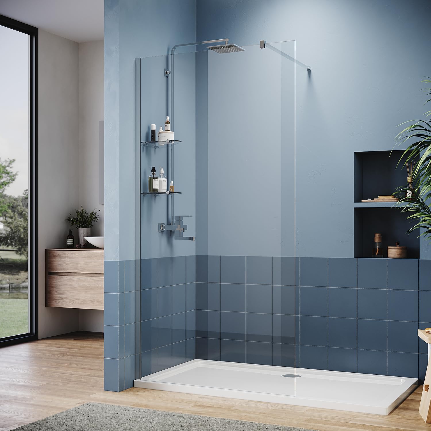 ZANOFIRA 1000mm Walk in Shower Screen with 2 Glass Shelves 6mm Toughened Glass Wet Room Shower Panel Frameless Shower Screen with Stabilising Support Bar Reversible for Bathroom Shower Enclosure