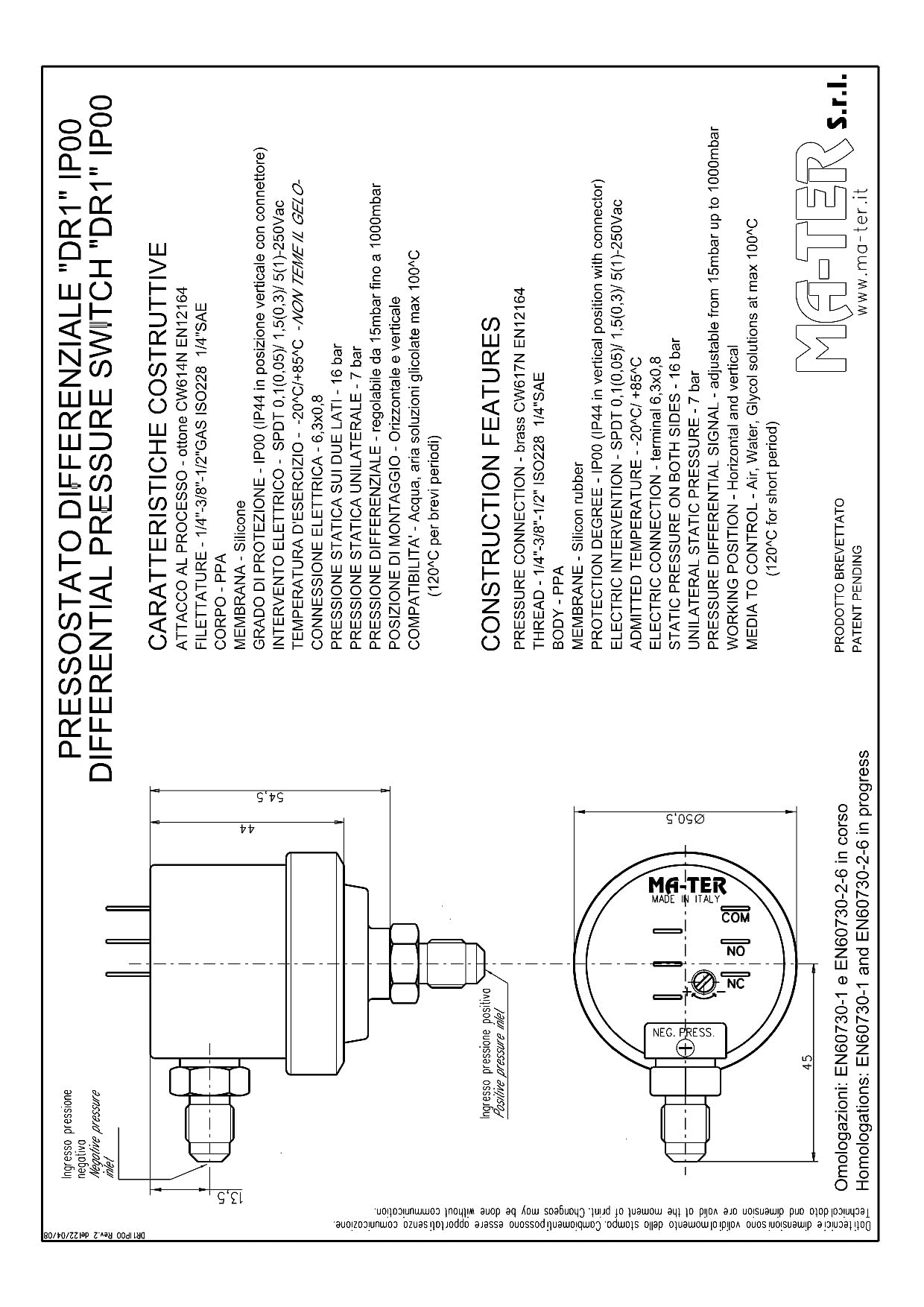 Mater Pressostato differenziale DR1 50mbar 230V filettatura 1/4 di pollice
