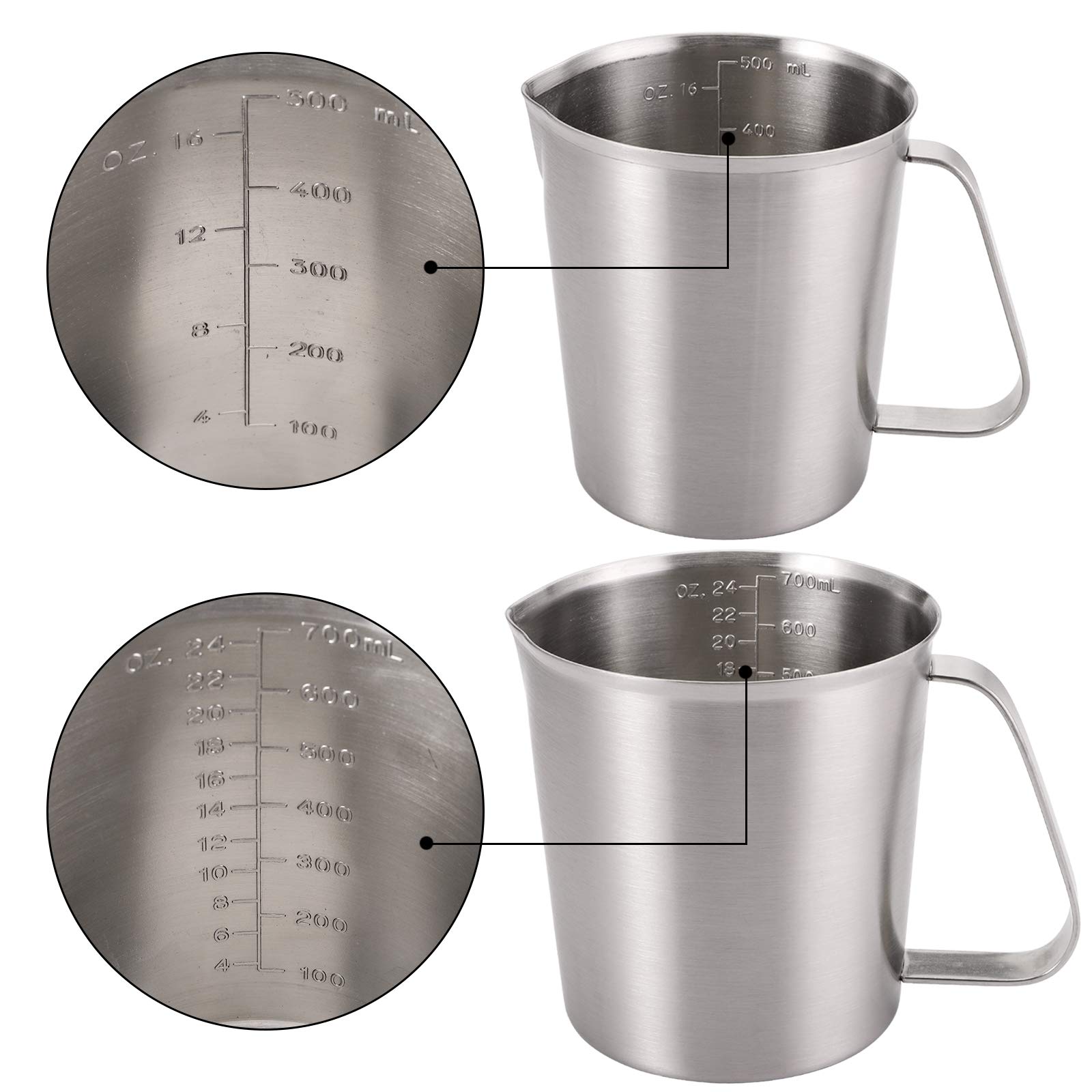 TOPZEA Set of 2 Measuring Cup with Handle, 18/8 Stainless Steel Baking Measuring Pitcher 16 oz & 24 oz Coffee Milk Frothing Cup with 2 Measuring Scales, Ounce ML