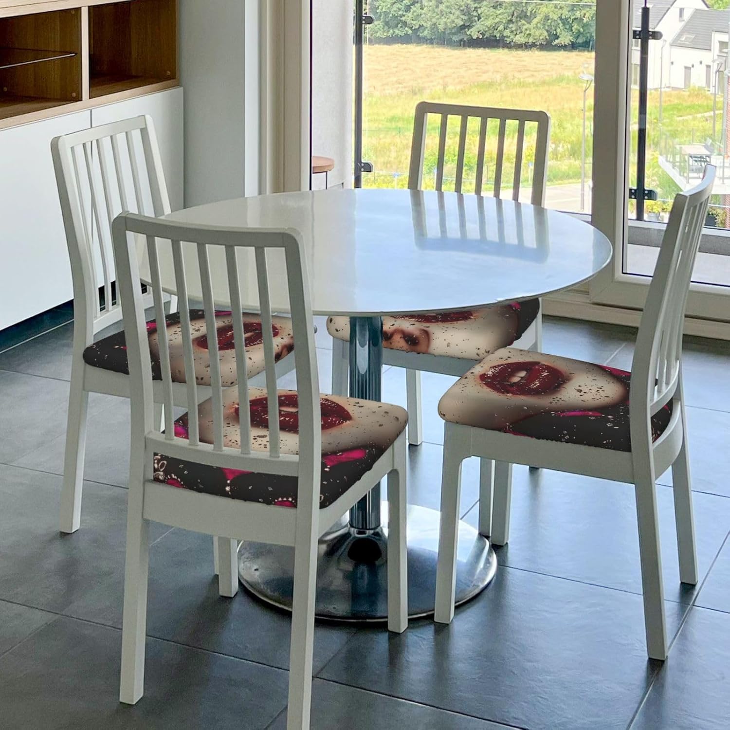 Crown and Lips Print Square Cushion Covers 6 Pcs Set Elastic Non-Slip Seat Cushion Slipcovers Pet Furniture Protectors for Chair, Sofa