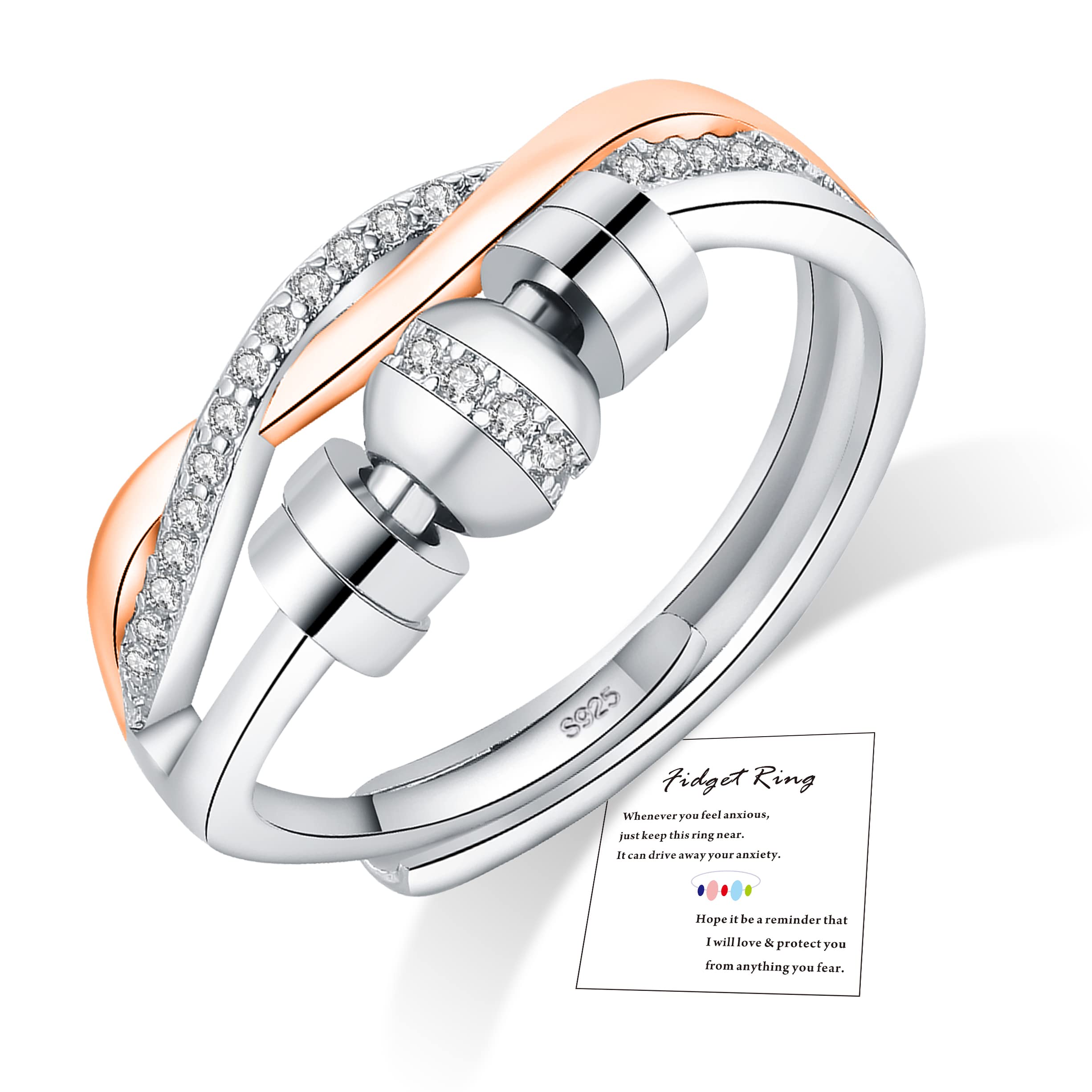 Sterling Silver Anxiety Rings Fidget Rings for Anxiety Women Adjustable Spinner Rings for Girls Cubic Zirconia Stress Relief Ring Gifts(With Gift Card & Box)