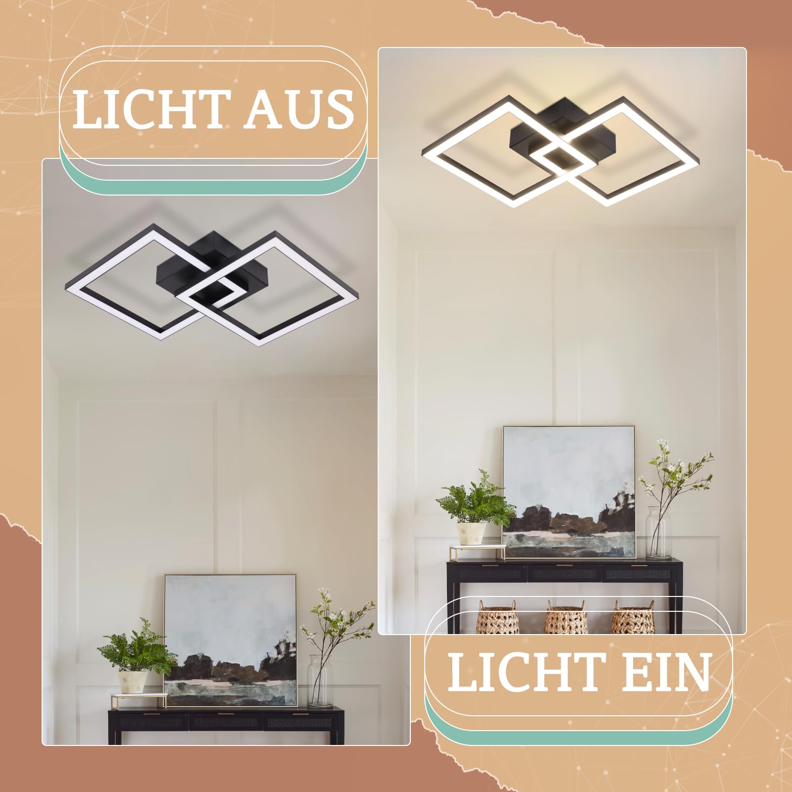 Homefire Plafonnier LED Cuisine 24W 4000K Luminaire Cuisine Plafond Noire | Plafonnier Salon Design Moderne Plafonniers Chambre métal Lampe de Salon Carré Eclairage de Lampe Plafond pour Couloir Bureau
