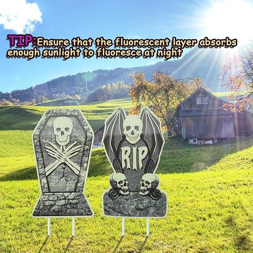 Miniatura 4 de Lápidas fluorescentes de Halloween  6 lápidas para decoración de Halloween con 12 estacas fijas, letreros aterradores de Halloween para patio al